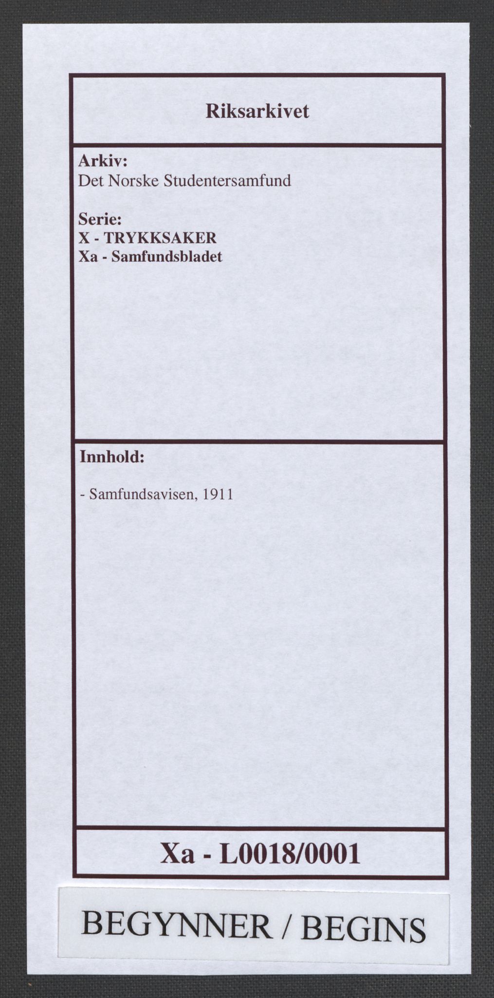 Det Norske Studentersamfund, RA/PA-1322/X/Xa/L0018/0001: -- / Samfundsavisen, 1911, s. 1