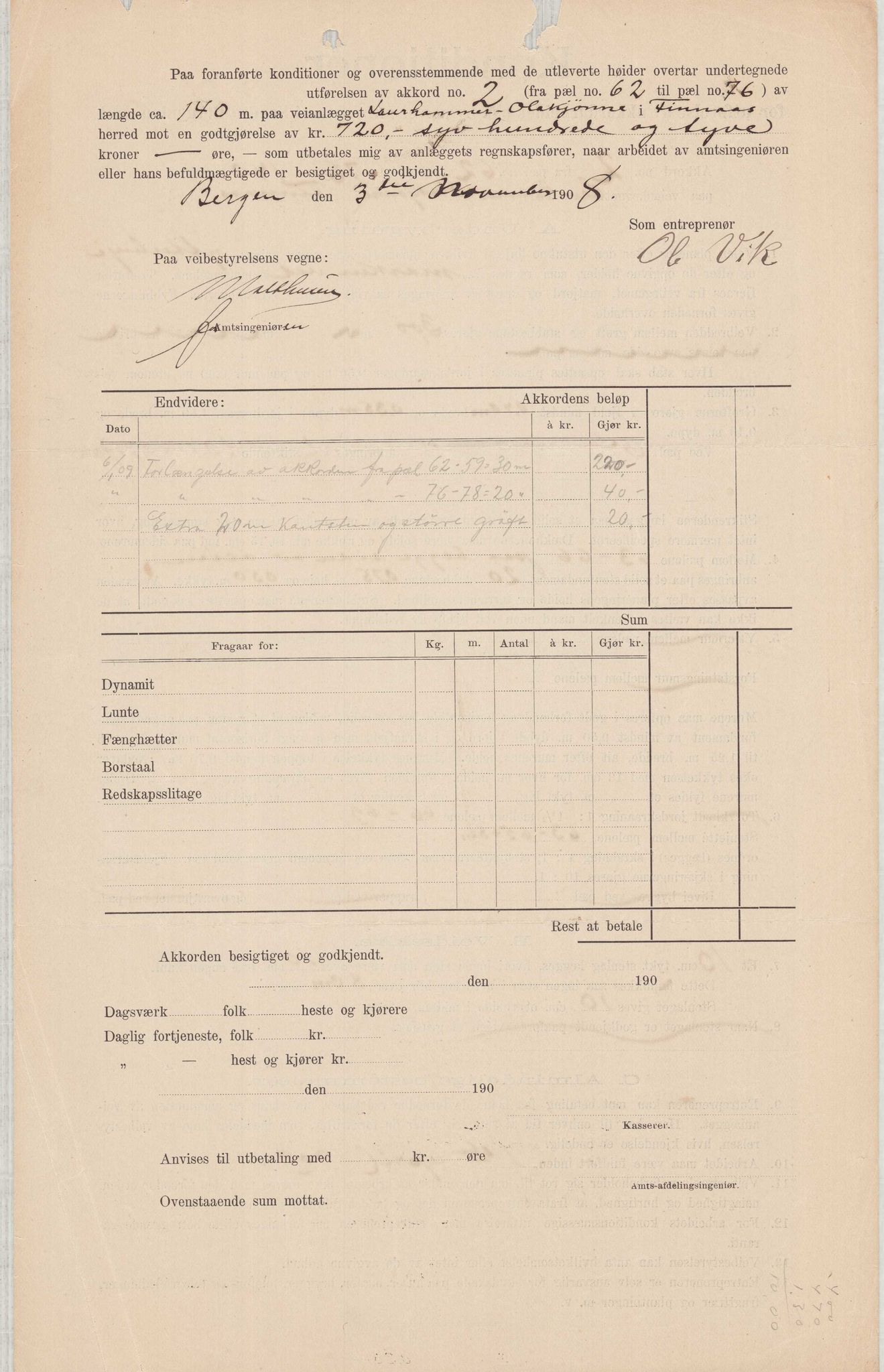 Finnaas kommune. Formannskapet, IKAH/1218a-021/E/Ea/L0001/0003: Rekneskap for veganlegg / Rekneskap for veganlegget Laurhammer - Olakjødn, 1909-1911, s. 3