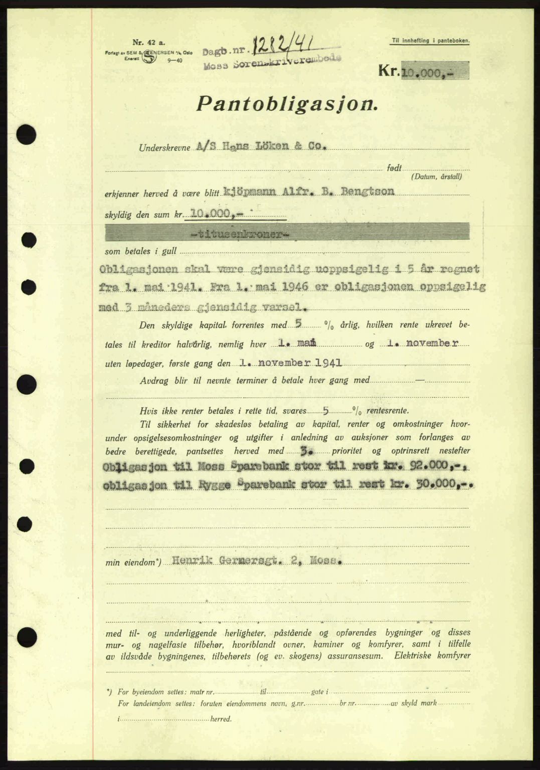 Moss sorenskriveri, SAO/A-10168: Pantebok nr. B10, 1940-1941, Dagboknr: 1282/1941