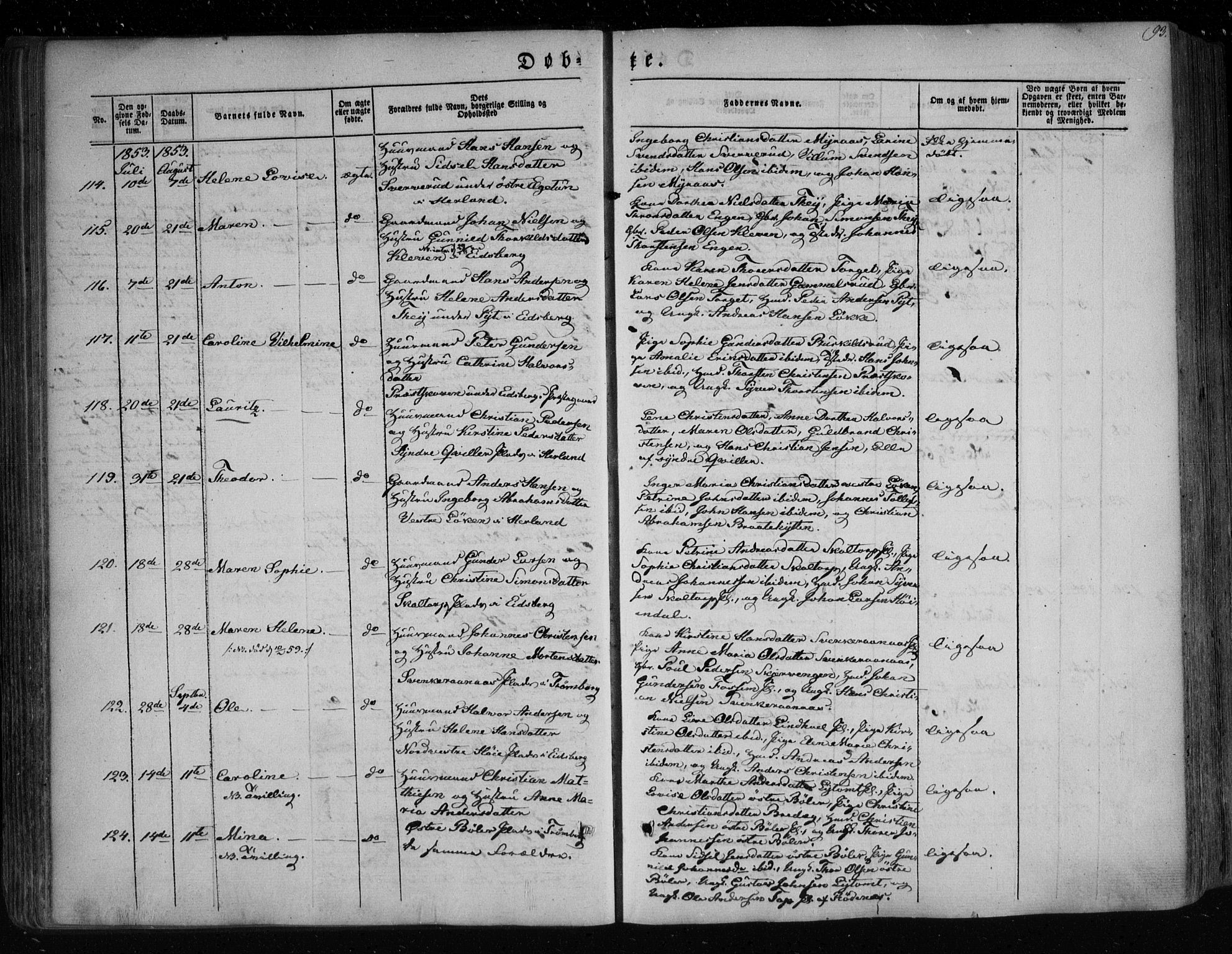 Eidsberg prestekontor Kirkebøker, AV/SAO-A-10905/F/Fa/L0009: Ministerialbok nr. I 9, 1849-1856, s. 93