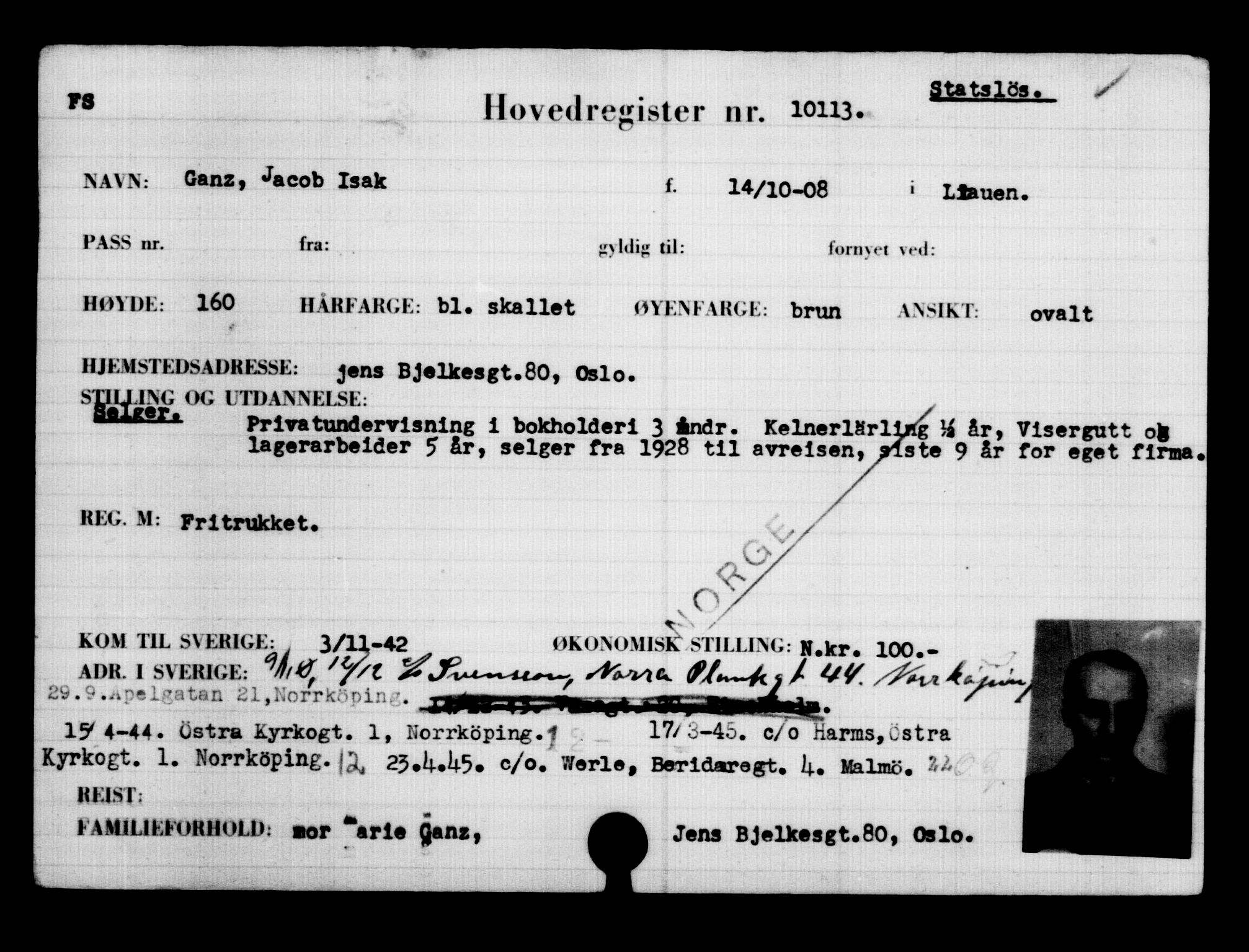 Utenriksstasjonene, Legasjonen i Stockholm, Flyktningkontoret, AV/RA-S-6753/V/Va/L0006: Kjesäterkartoteket, flyktninger med registreringsnr. 9400-12711, 1940-1945, s. 817