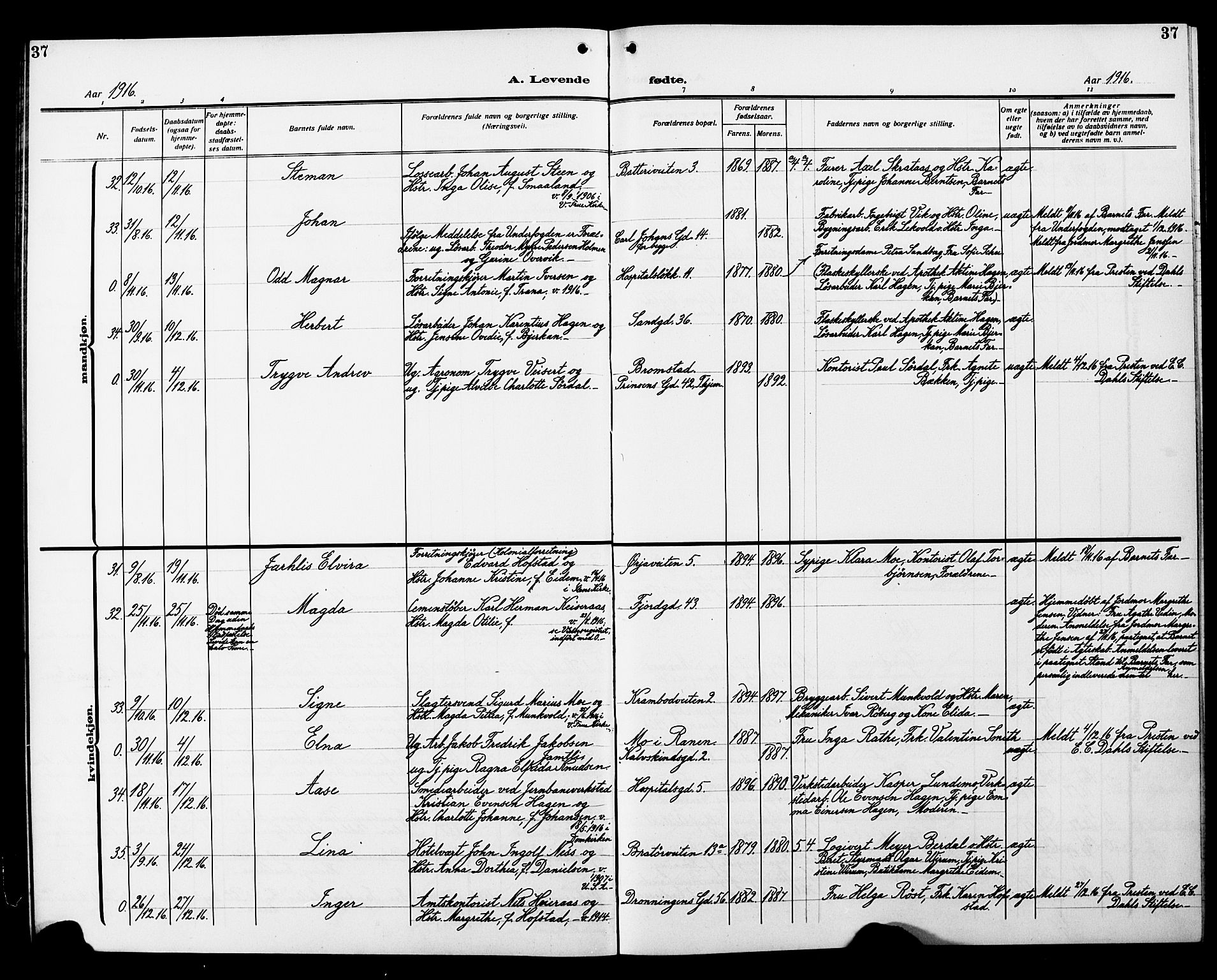 Ministerialprotokoller, klokkerbøker og fødselsregistre - Sør-Trøndelag, SAT/A-1456/602/L0147: Klokkerbok nr. 602C15, 1911-1924, s. 37