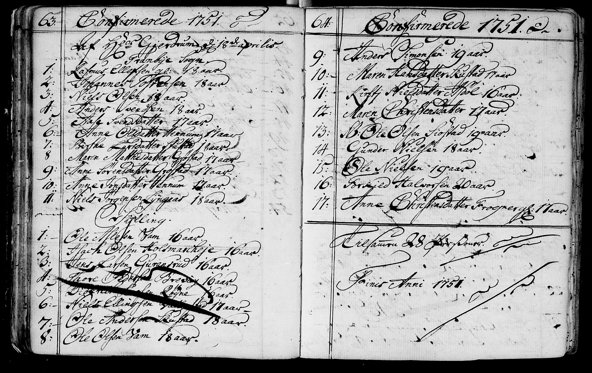 Lier kirkebøker, AV/SAKO-A-230/F/Fa/L0004: Ministerialbok nr. I 4, 1749-1764, s. 63-64
