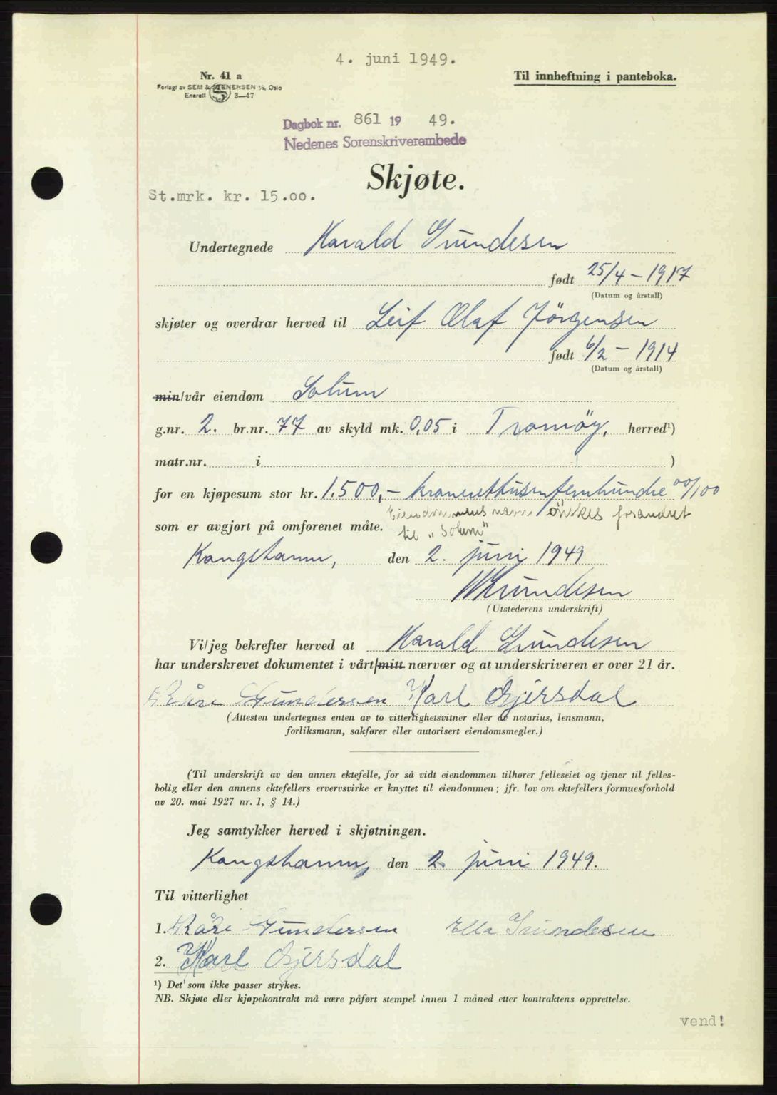 Nedenes sorenskriveri, SAK/1221-0006/G/Gb/Gba/L0060: Pantebok nr. A12, 1948-1949, Dagboknr: 861/1949
