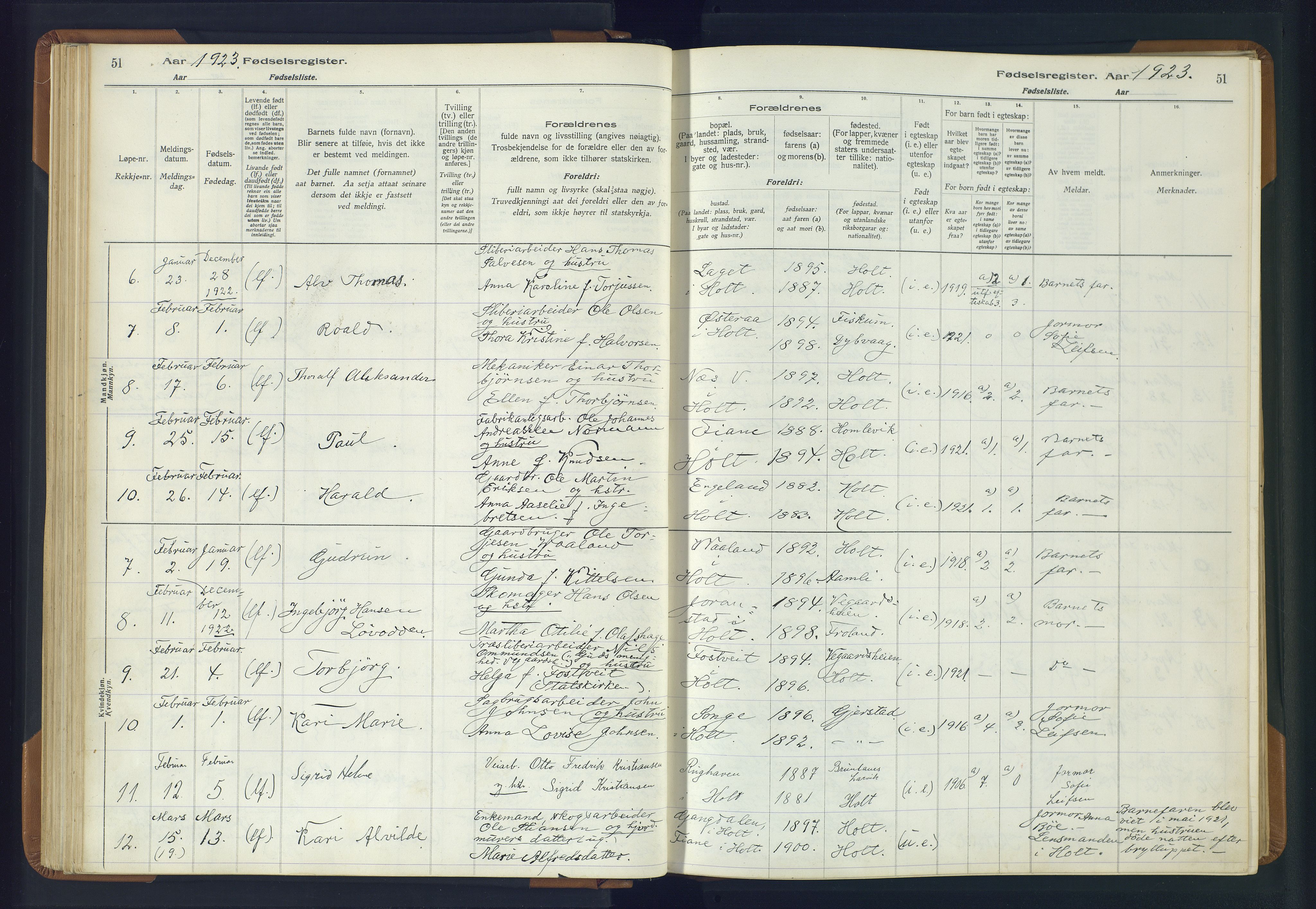 Holt sokneprestkontor, AV/SAK-1111-0021/J/Ja/L0001: Fødselsregister nr. II.4.1, 1916-1946, s. 51