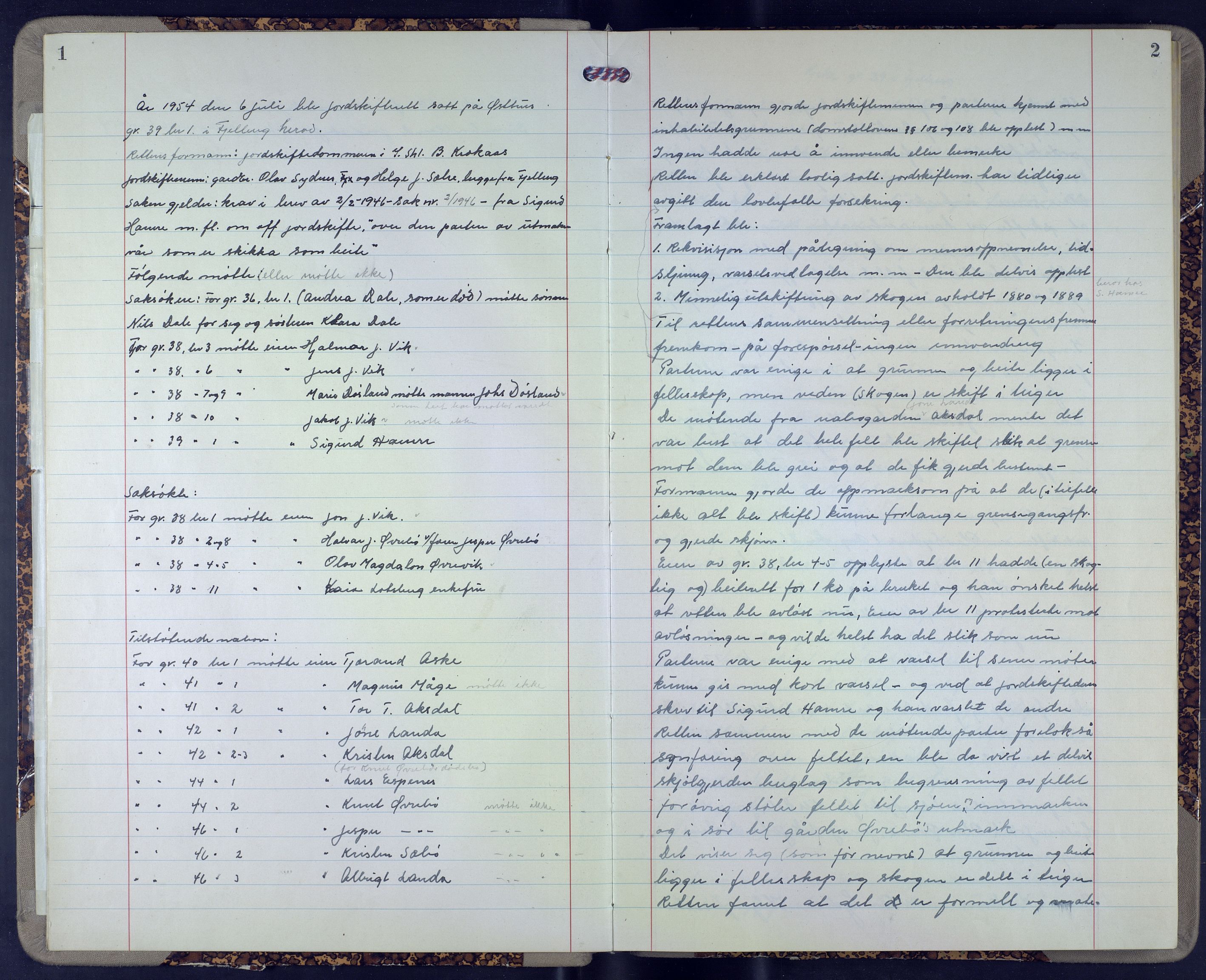 Hordaland jordskiftedøme - VII Indre Sunnhordland jordskiftedistrikt, AV/SAB-A-7401/A/Aa/L0029: Forhandlingsprotokoll, 1954-1968, s. 1-2
