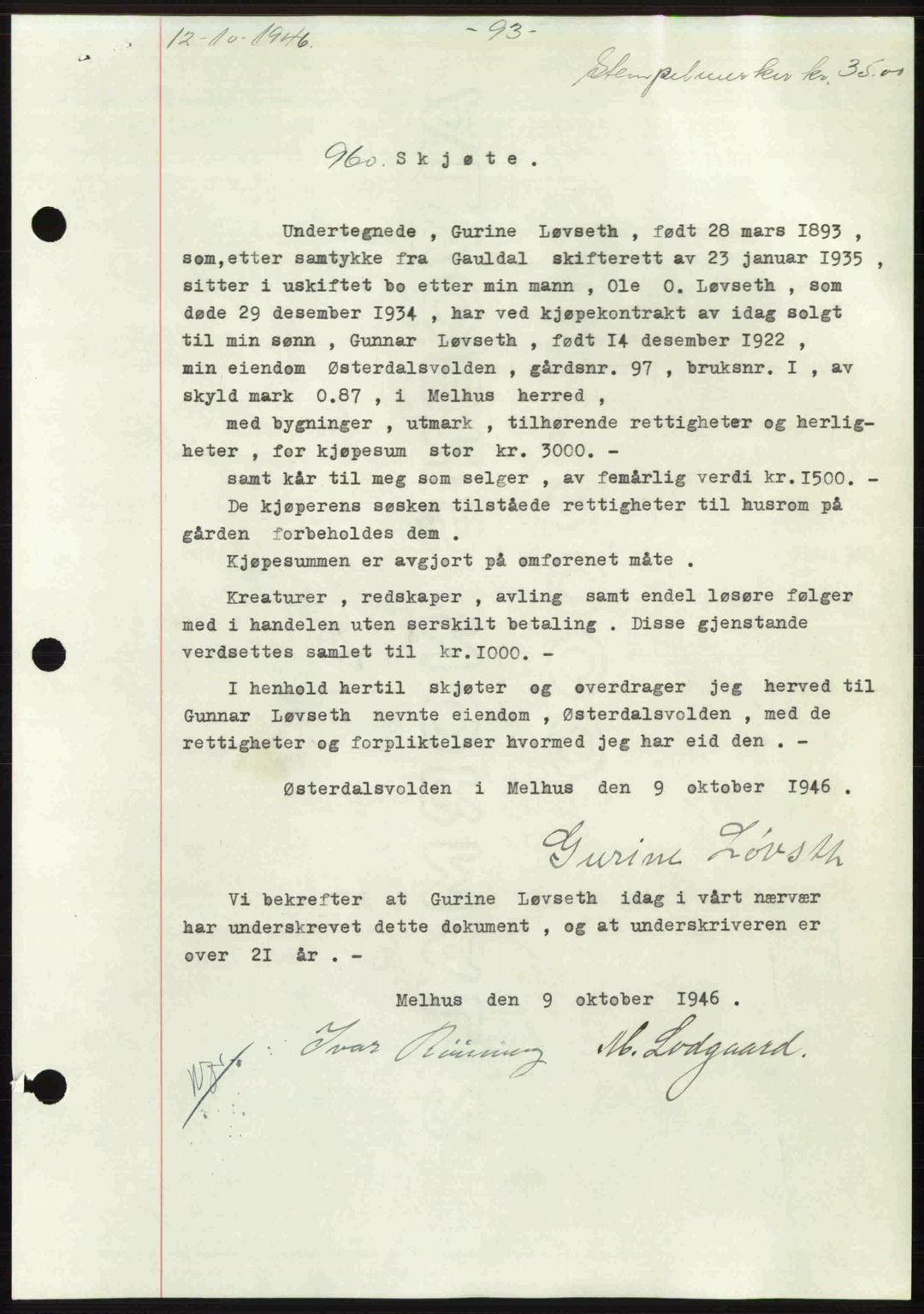 Gauldal sorenskriveri, SAT/A-0014/1/2/2C: Pantebok nr. A2, 1946-1946, Dagboknr: 960/1946