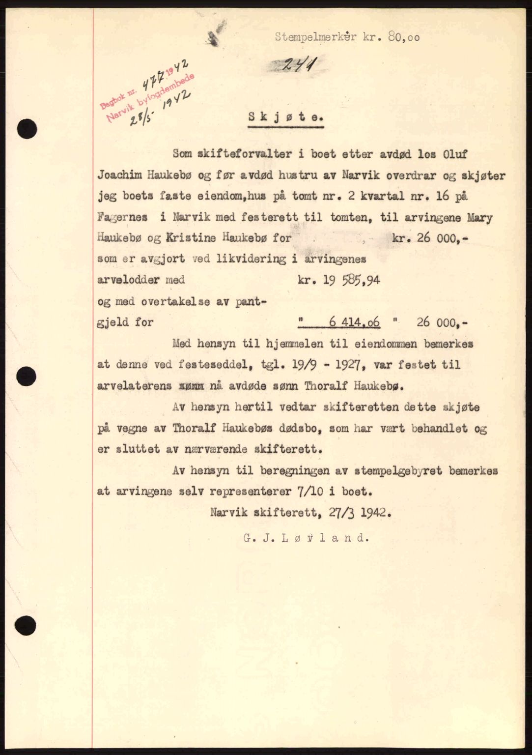 Narvik sorenskriveri, SAT/A-0002/1/2/2C/2Ca: Pantebok nr. A19, 1942-1943, Dagboknr: 477/1942