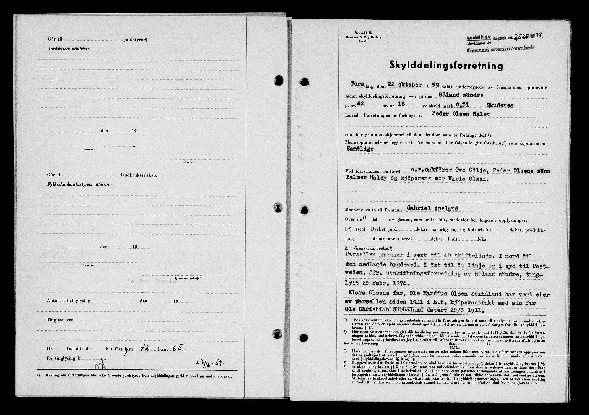 Karmsund sorenskriveri, SAST/A-100311/01/II/IIB/L0132: Pantebok nr. 112A, 1959-1959, Dagboknr: 2525/1959