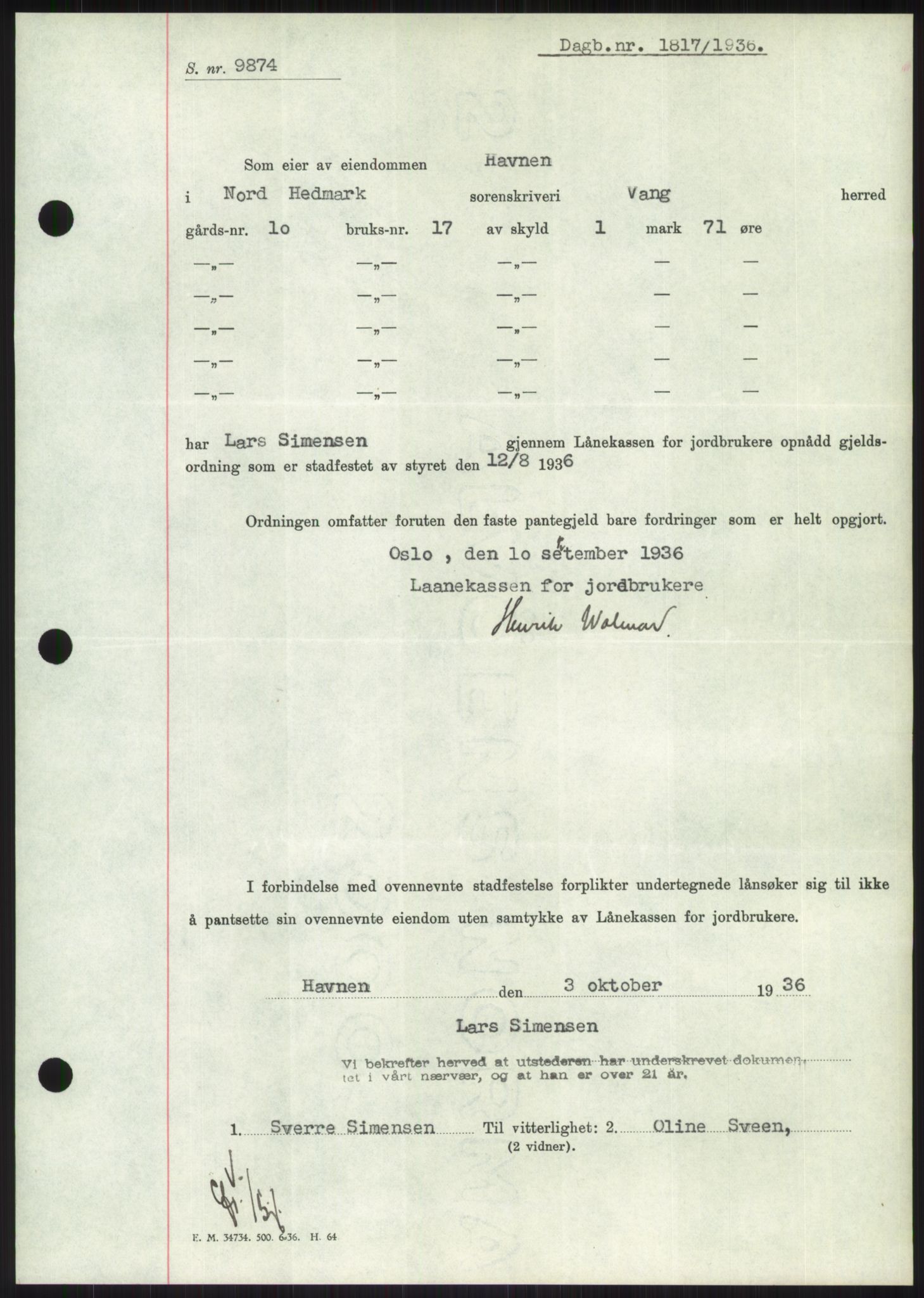 Nord-Hedmark sorenskriveri, SAH/TING-012/H/Hb/Hbf/L0001: Pantebok nr. B1, 1936-1936, Dagboknr: 1817/1936