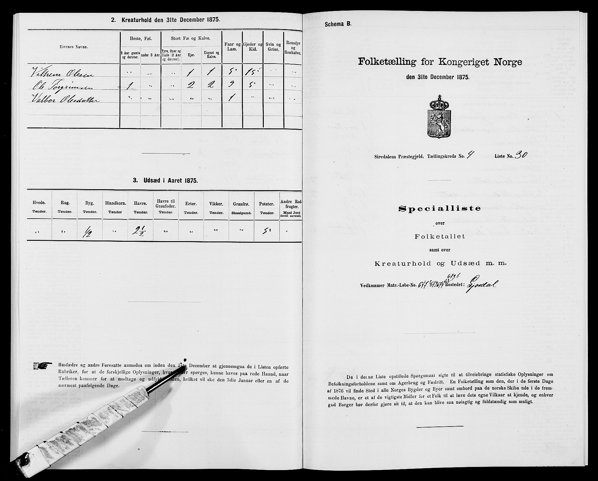 SAK, Folketelling 1875 for 1046P Sirdal prestegjeld, 1875, s. 393