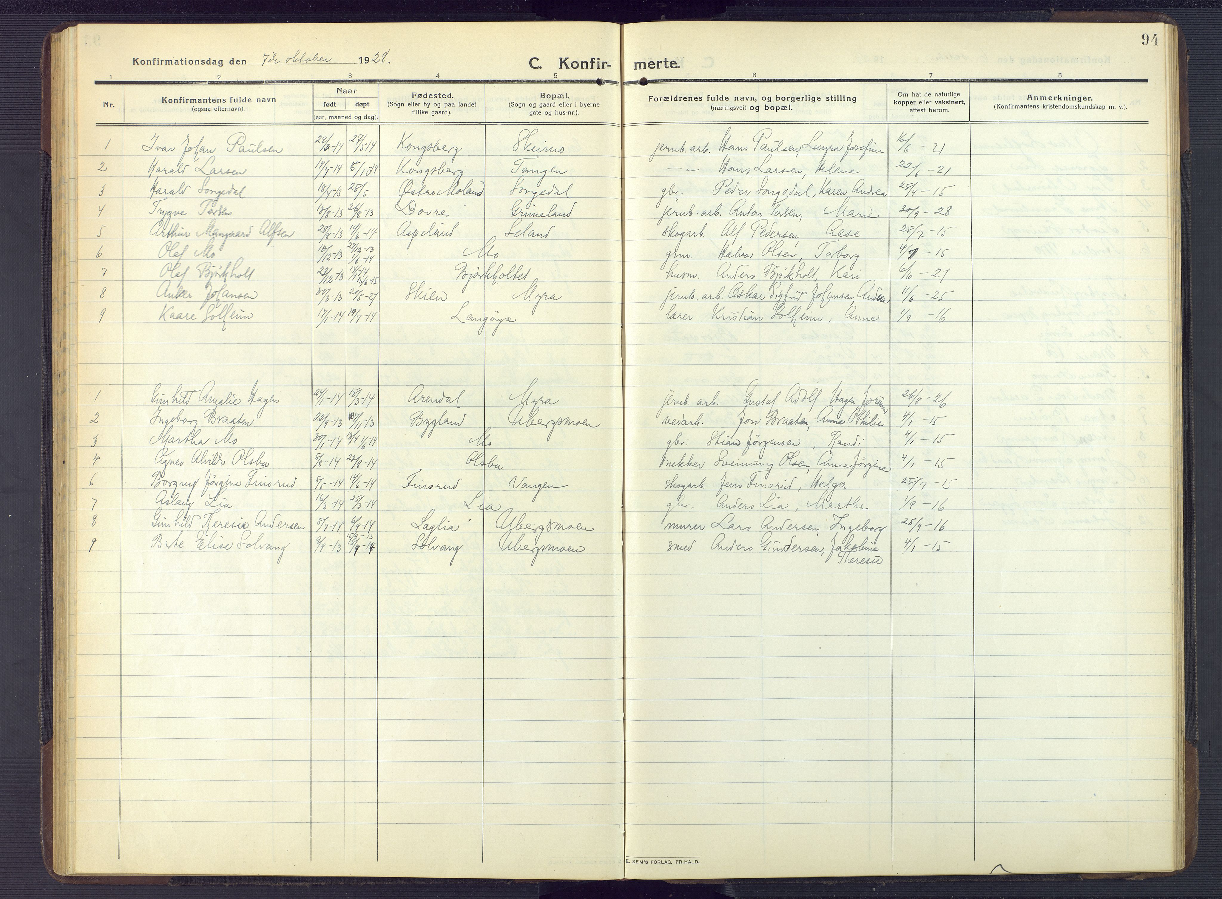 Gjerstad sokneprestkontor, SAK/1111-0014/F/Fb/Fbb/L0005: Klokkerbok nr. B 5, 1911-1949, s. 94