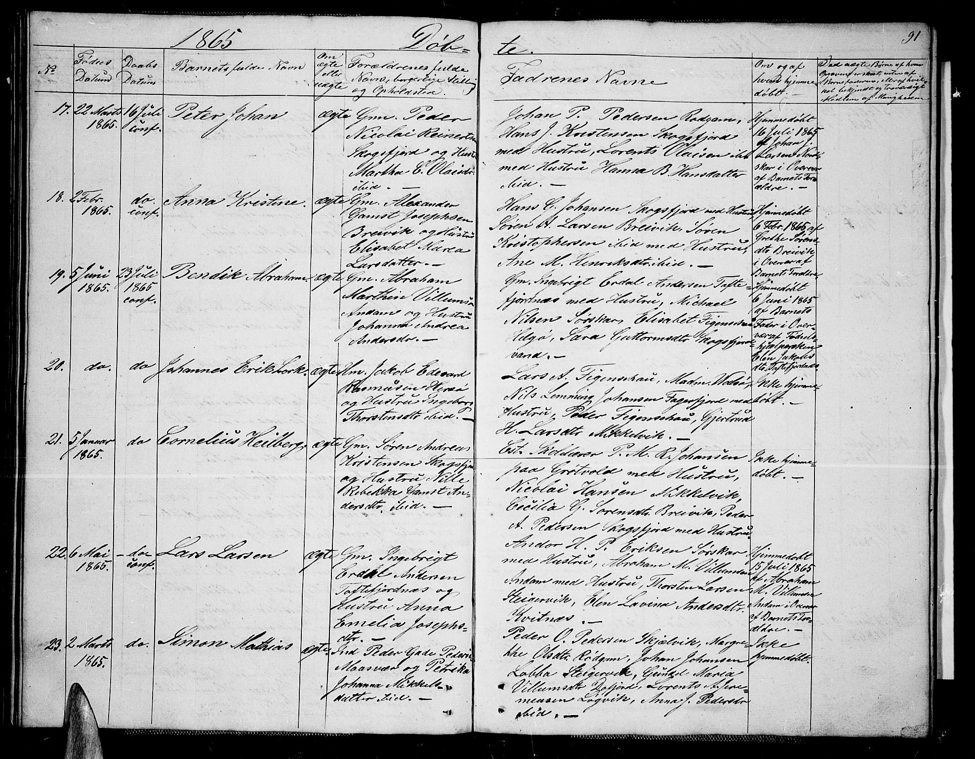Karlsøy sokneprestembete, AV/SATØ-S-1299/H/Ha/Hab/L0004klokker: Klokkerbok nr. 4, 1845-1870, s. 91