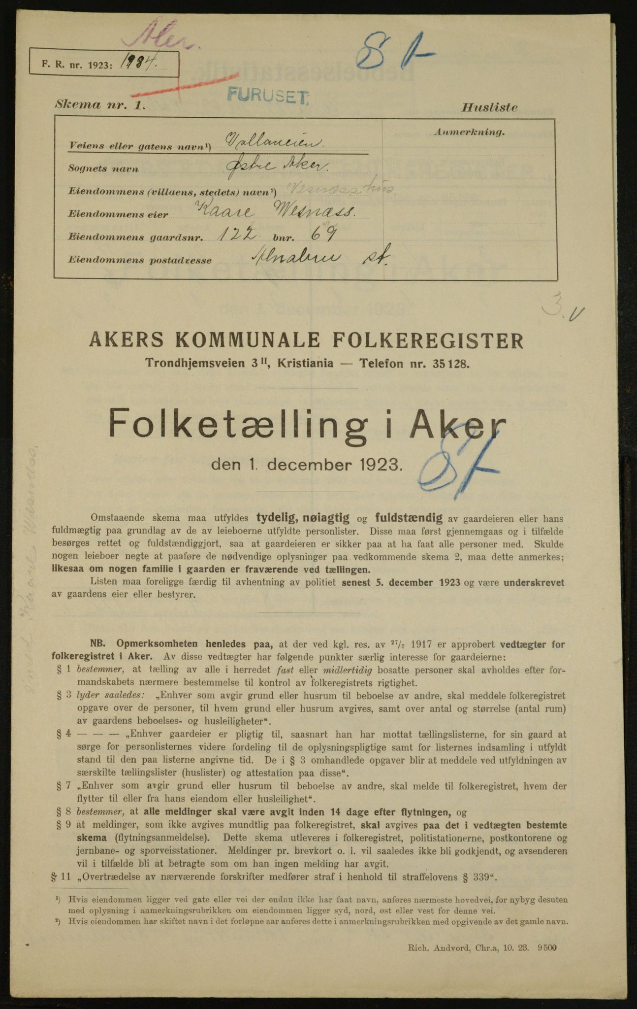 , Kommunal folketelling 1.12.1923 for Aker, 1923, s. 35179
