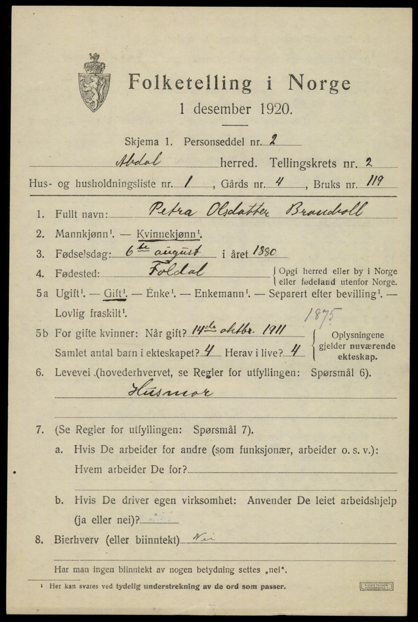 SAH, Folketelling 1920 for 0438 Alvdal herred, 1920, s. 1454