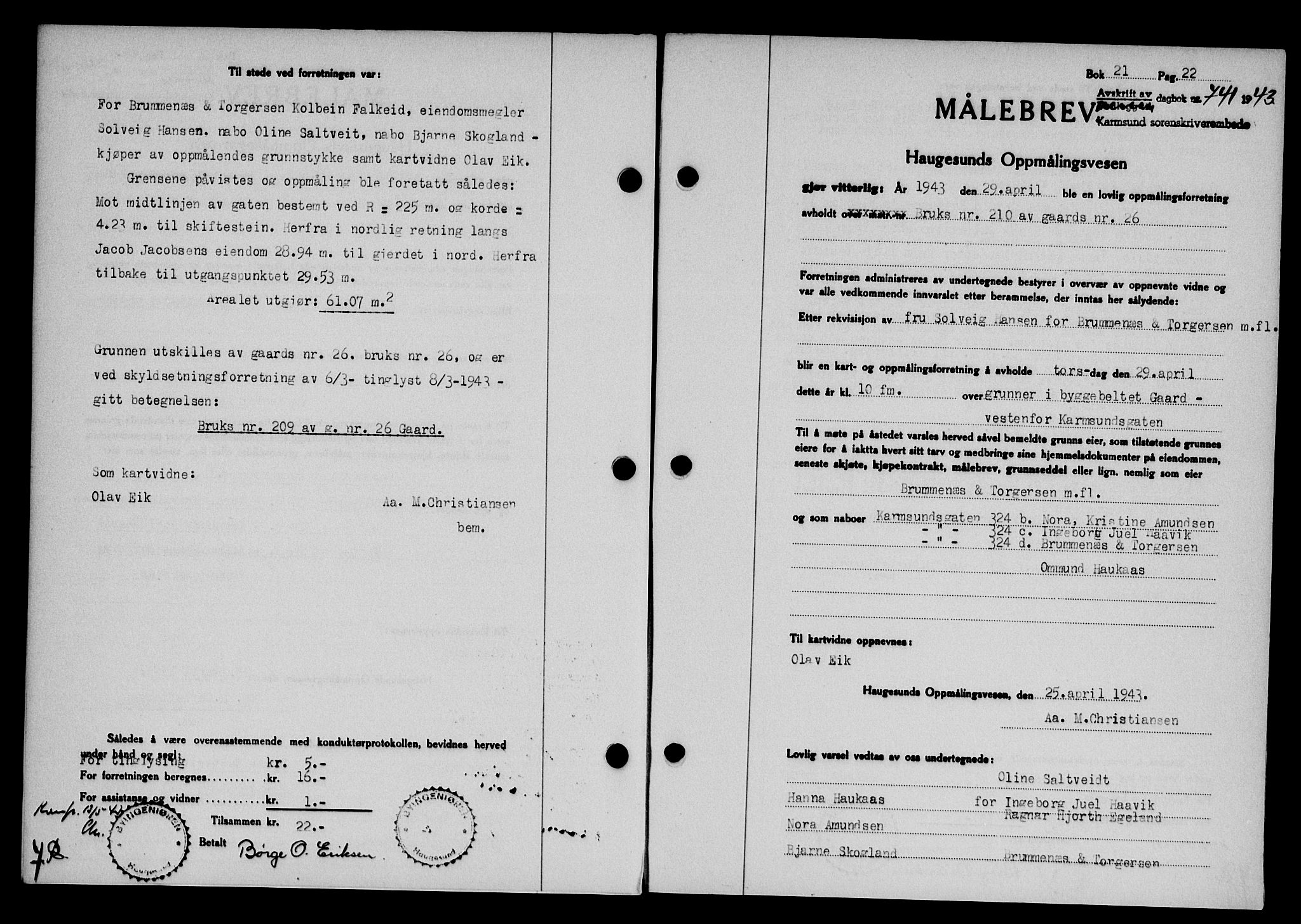 Karmsund sorenskriveri, SAST/A-100311/01/II/IIB/L0079: Pantebok nr. 60A, 1942-1943, Dagboknr: 741/1943