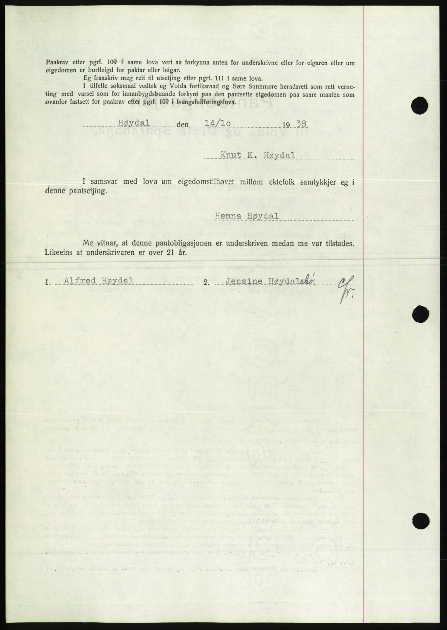 Søre Sunnmøre sorenskriveri, AV/SAT-A-4122/1/2/2C/L0066: Pantebok nr. 60, 1938-1938, Dagboknr: 1445/1938