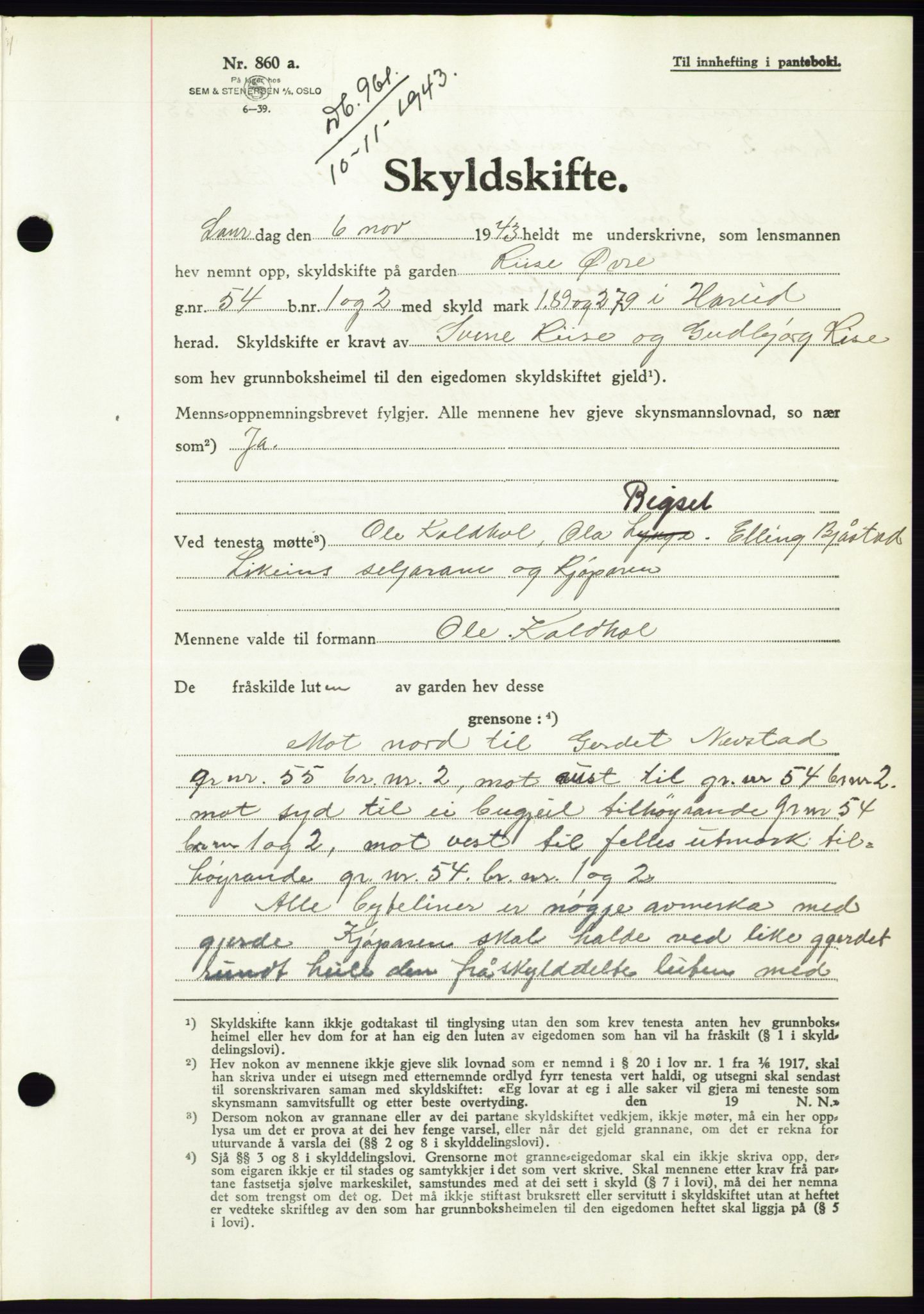 Søre Sunnmøre sorenskriveri, AV/SAT-A-4122/1/2/2C/L0075: Pantebok nr. 1A, 1943-1943, Dagboknr: 961/1943