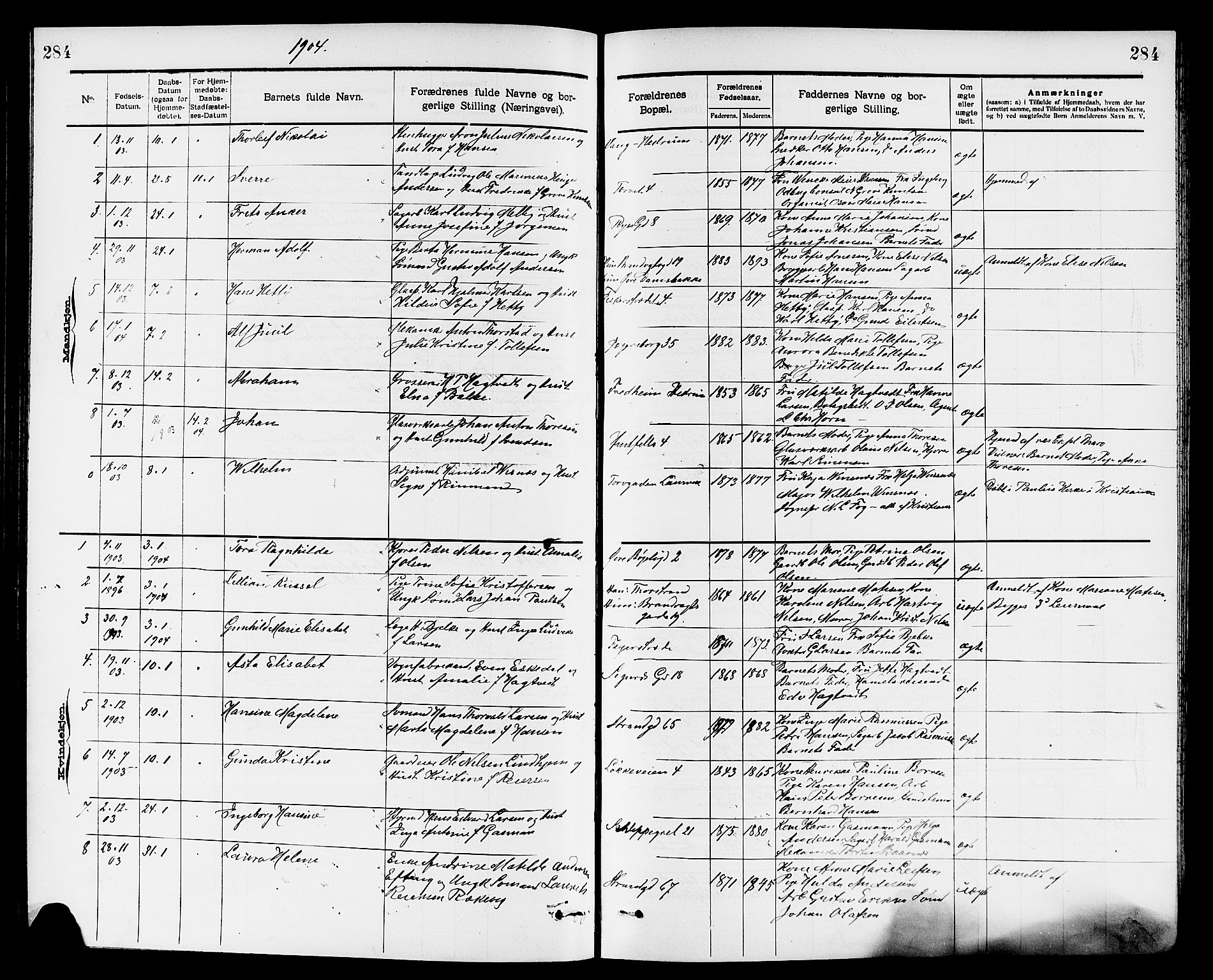 Larvik kirkebøker, AV/SAKO-A-352/G/Ga/L0005: Klokkerbok nr. I 5, 1888-1909, s. 284