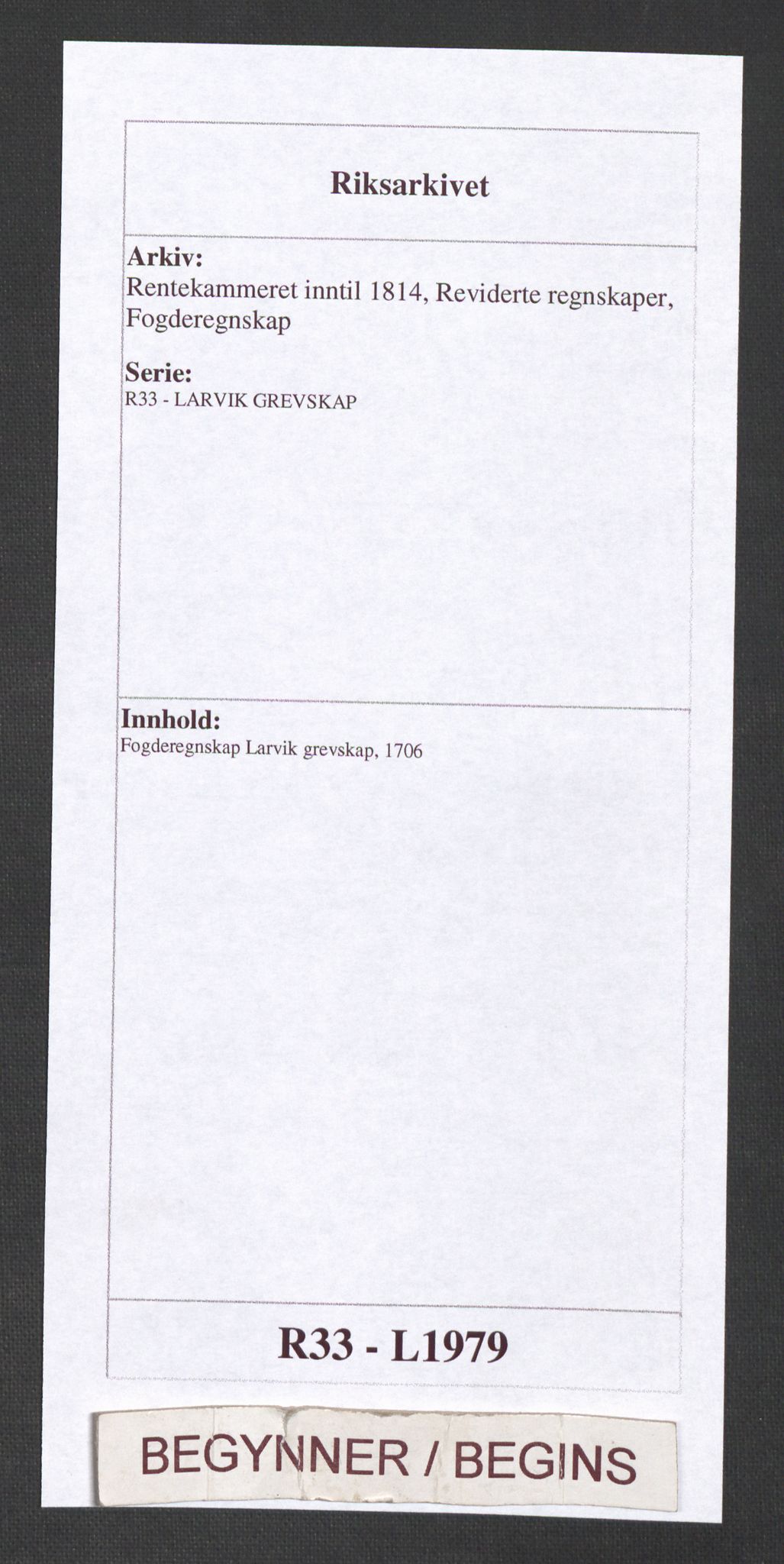 Rentekammeret inntil 1814, Reviderte regnskaper, Fogderegnskap, AV/RA-EA-4092/R33/L1979: Fogderegnskap Larvik grevskap, 1706, s. 1