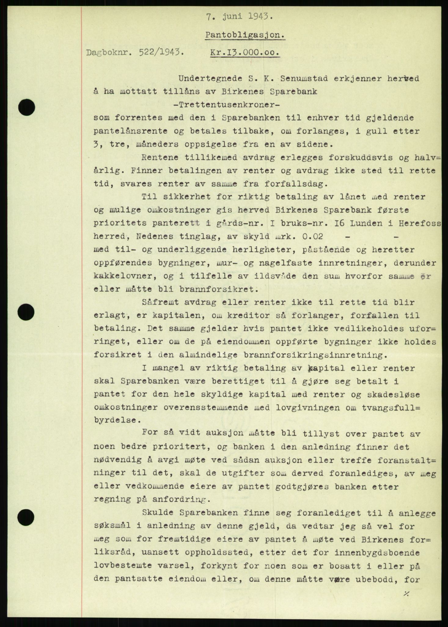 Nedenes sorenskriveri, SAK/1221-0006/G/Gb/Gbb/L0002: Pantebok nr. II, 1942-1945, Dagboknr: 522/1943