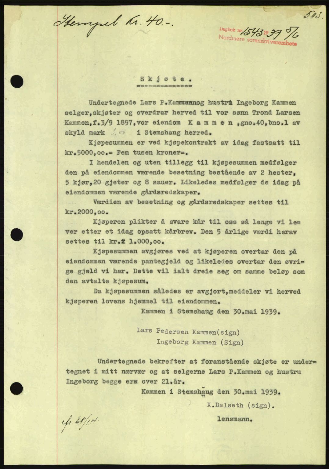 Nordmøre sorenskriveri, SAT/A-4132/1/2/2Ca: Pantebok nr. A86, 1939-1939, Dagboknr: 1543/1939