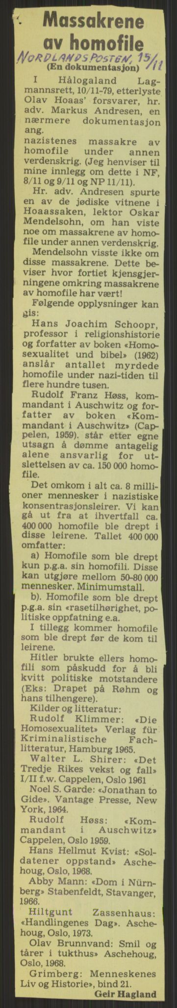 Det Norske Forbundet av 1948/Landsforeningen for Lesbisk og Homofil Frigjøring, RA/PA-1216/D/Dd/L0001: Diskriminering, 1973-1991, s. 129
