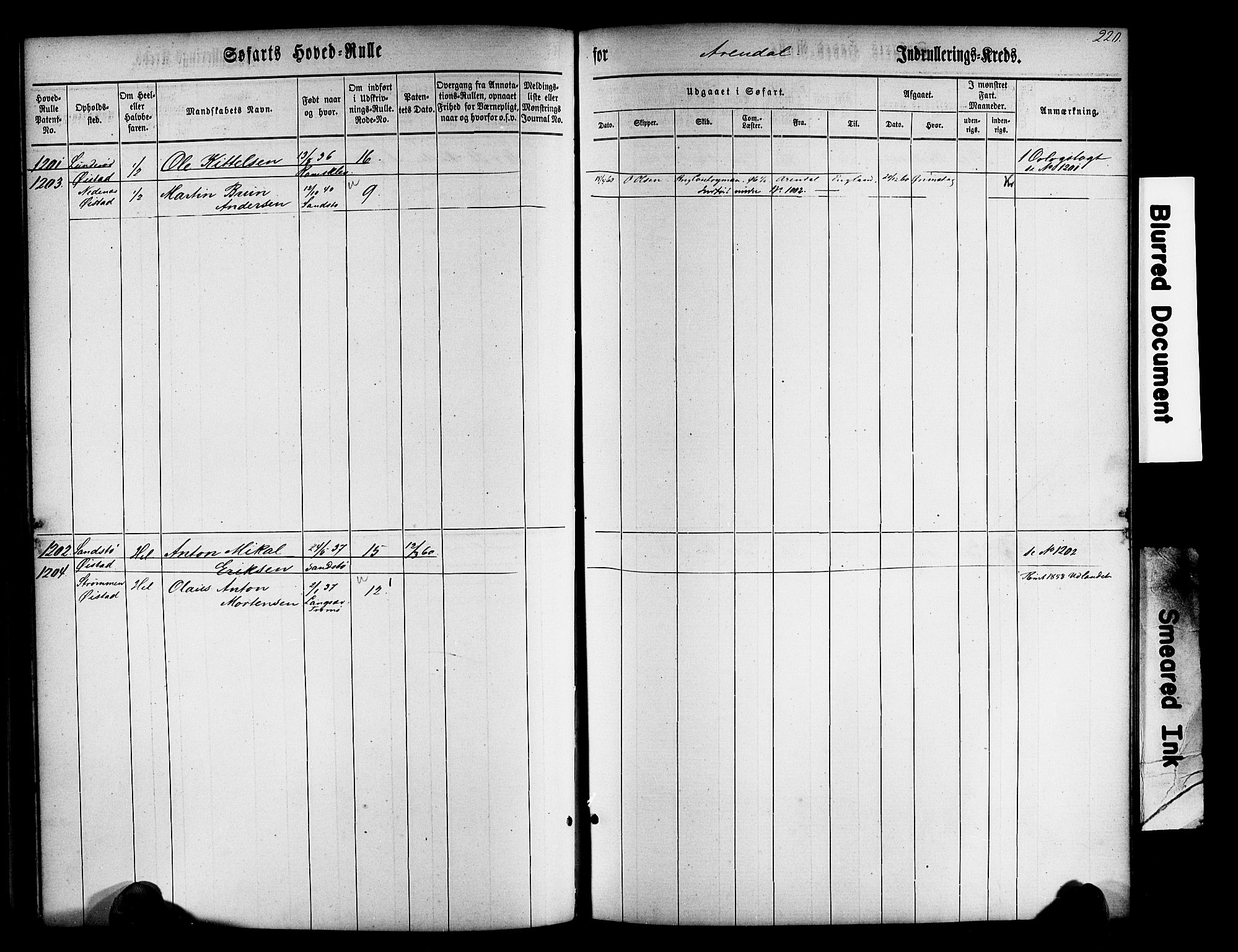 Arendal mønstringskrets, AV/SAK-2031-0012/F/Fb/L0009: Hovedrulle nr 767-1532, S-7, 1857-1864, s. 222