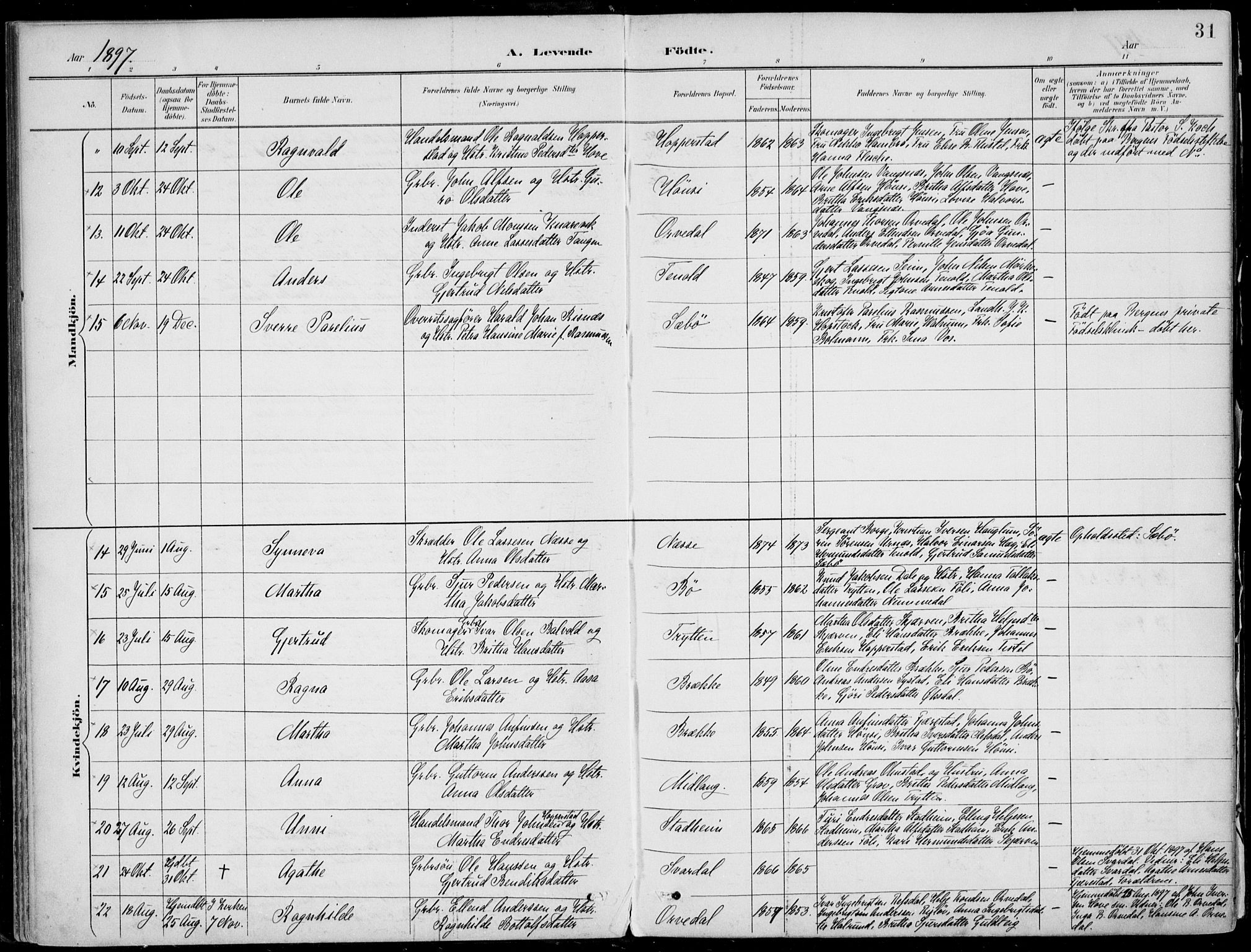 Vik sokneprestembete, AV/SAB-A-81501/H/Haa/Haab/L0002: Ministerialbok nr. B  2, 1891-1907, s. 31