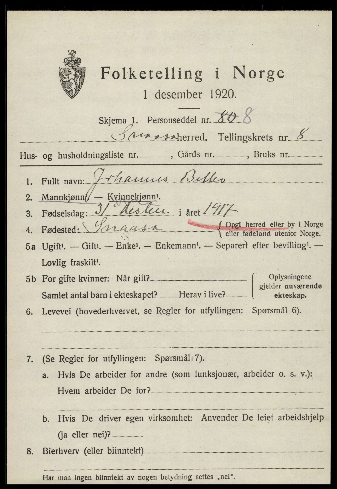 SAT, Folketelling 1920 for 1736 Snåsa herred, 1920, s. 3326