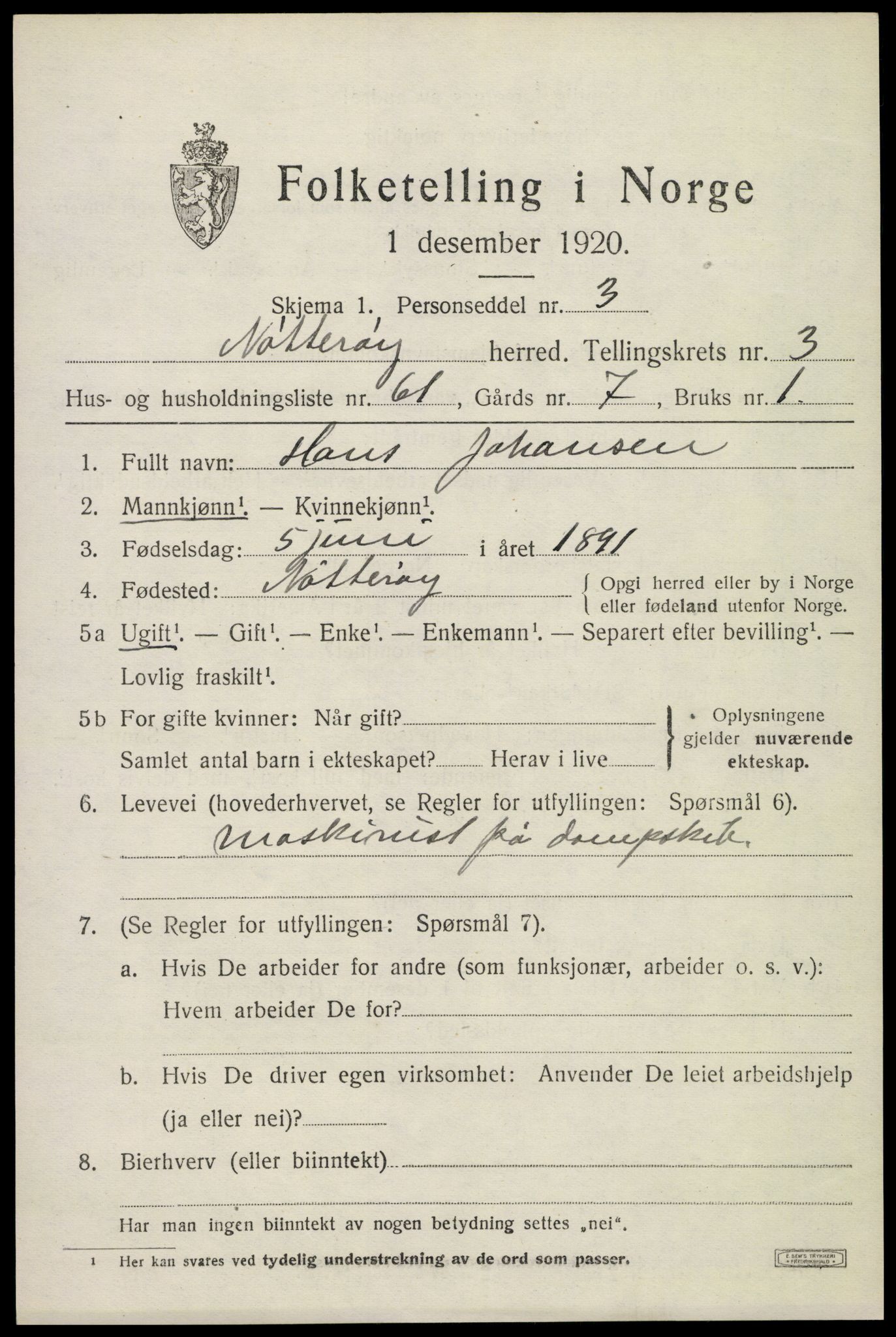 SAKO, Folketelling 1920 for 0722 Nøtterøy herred, 1920, s. 6189