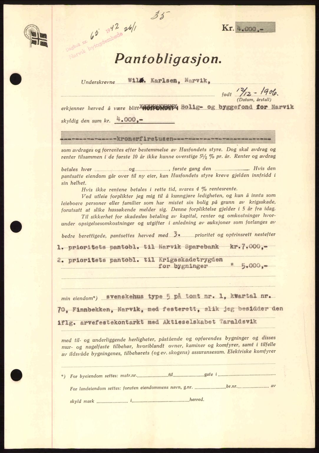 Narvik sorenskriveri, SAT/A-0002/1/2/2C/2Ca: Pantebok nr. A19, 1942-1943, Dagboknr: 65/1942