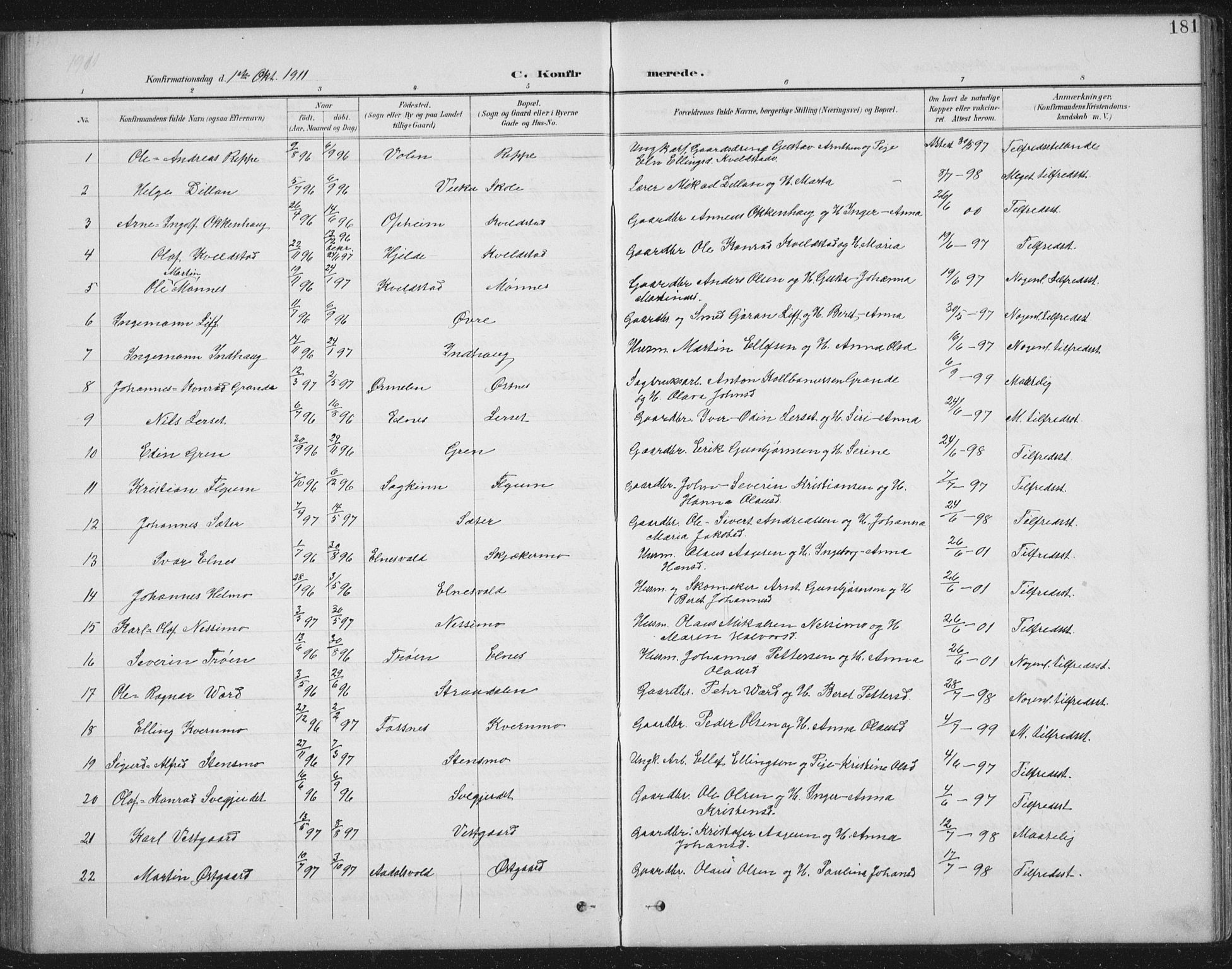 Ministerialprotokoller, klokkerbøker og fødselsregistre - Nord-Trøndelag, SAT/A-1458/724/L0269: Klokkerbok nr. 724C05, 1899-1920, s. 181