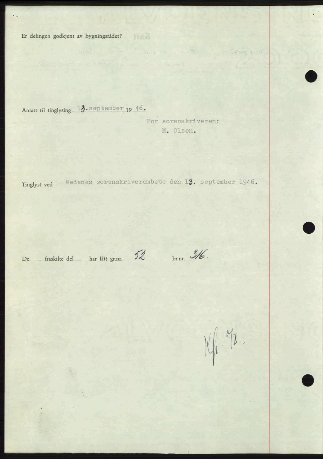 Nedenes sorenskriveri, AV/SAK-1221-0006/G/Gb/Gba/L0056: Pantebok nr. A8, 1946-1947, Dagboknr: 1096/1946