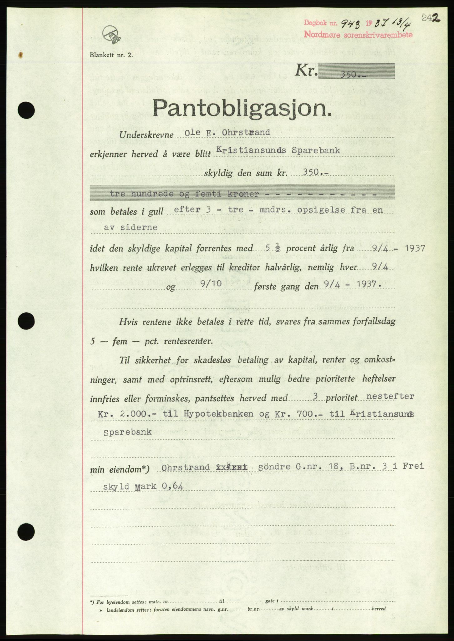 Nordmøre sorenskriveri, AV/SAT-A-4132/1/2/2Ca/L0091: Pantebok nr. B81, 1937-1937, Dagboknr: 943/1937