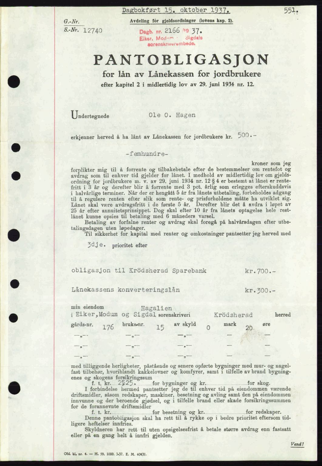 Eiker, Modum og Sigdal sorenskriveri, SAKO/A-123/G/Ga/Gab/L0036: Pantebok nr. A6, 1937-1937, Dagboknr: 2166/1937