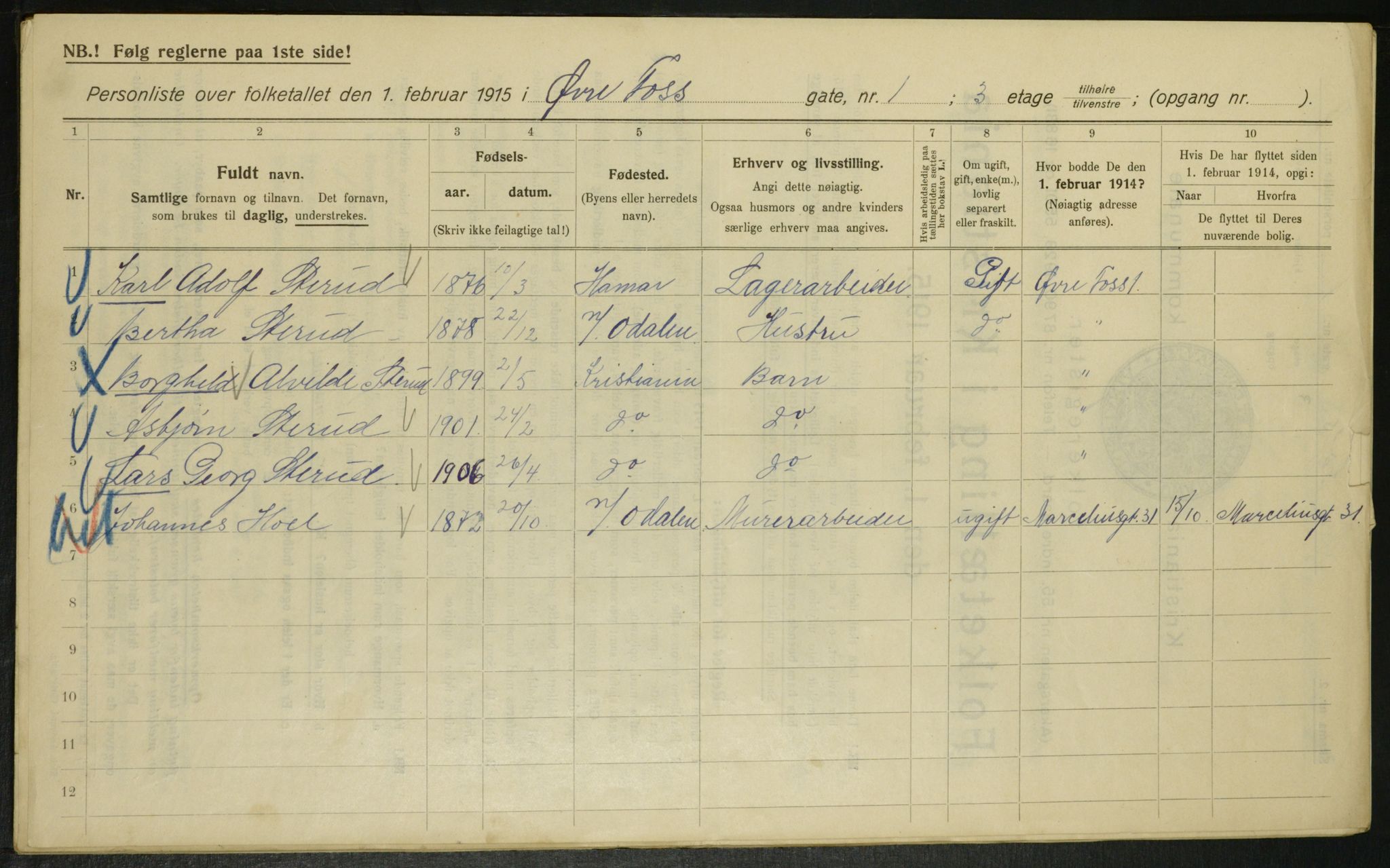 OBA, Kommunal folketelling 1.2.1915 for Kristiania, 1915, s. 130087