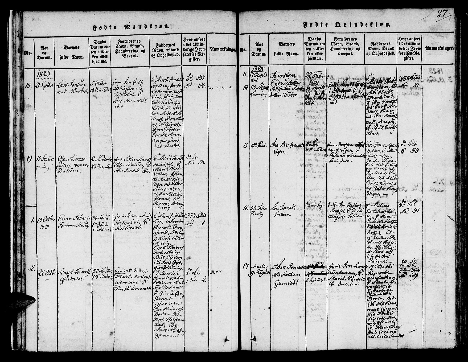 Ministerialprotokoller, klokkerbøker og fødselsregistre - Sør-Trøndelag, AV/SAT-A-1456/616/L0420: Klokkerbok nr. 616C03, 1817-1835, s. 27