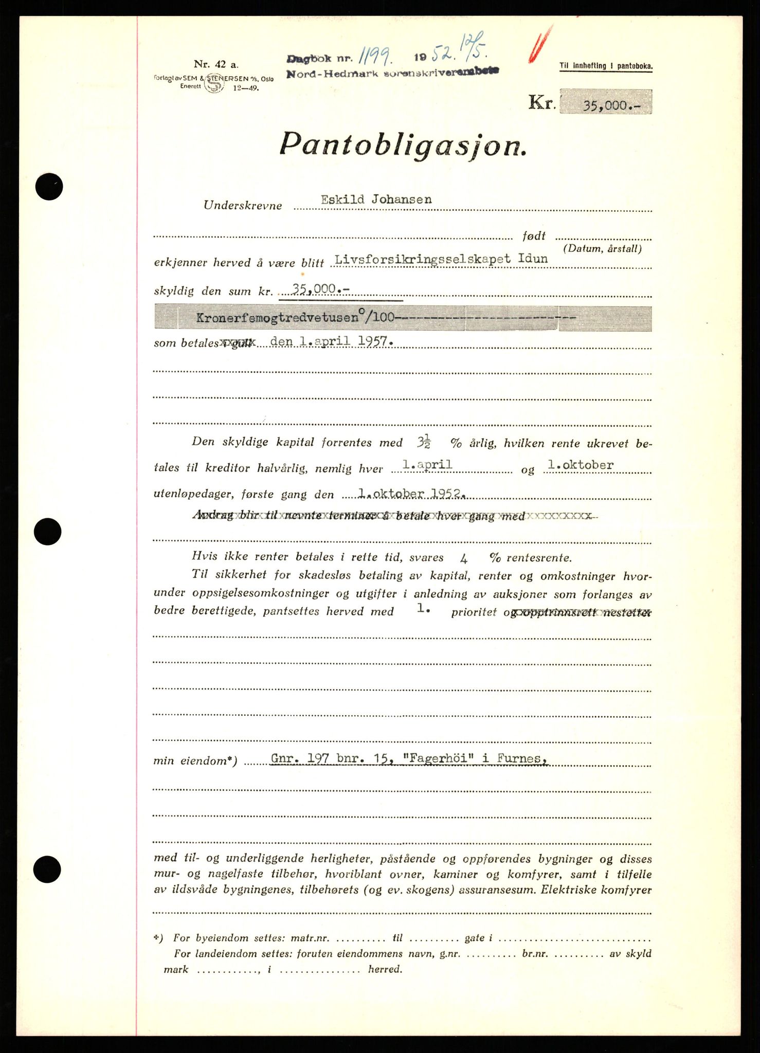 Nord-Hedmark sorenskriveri, SAH/TING-012/H/Hb/Hbf/L0025: Pantebok nr. B25, 1952-1952, Dagboknr: 1199/1952