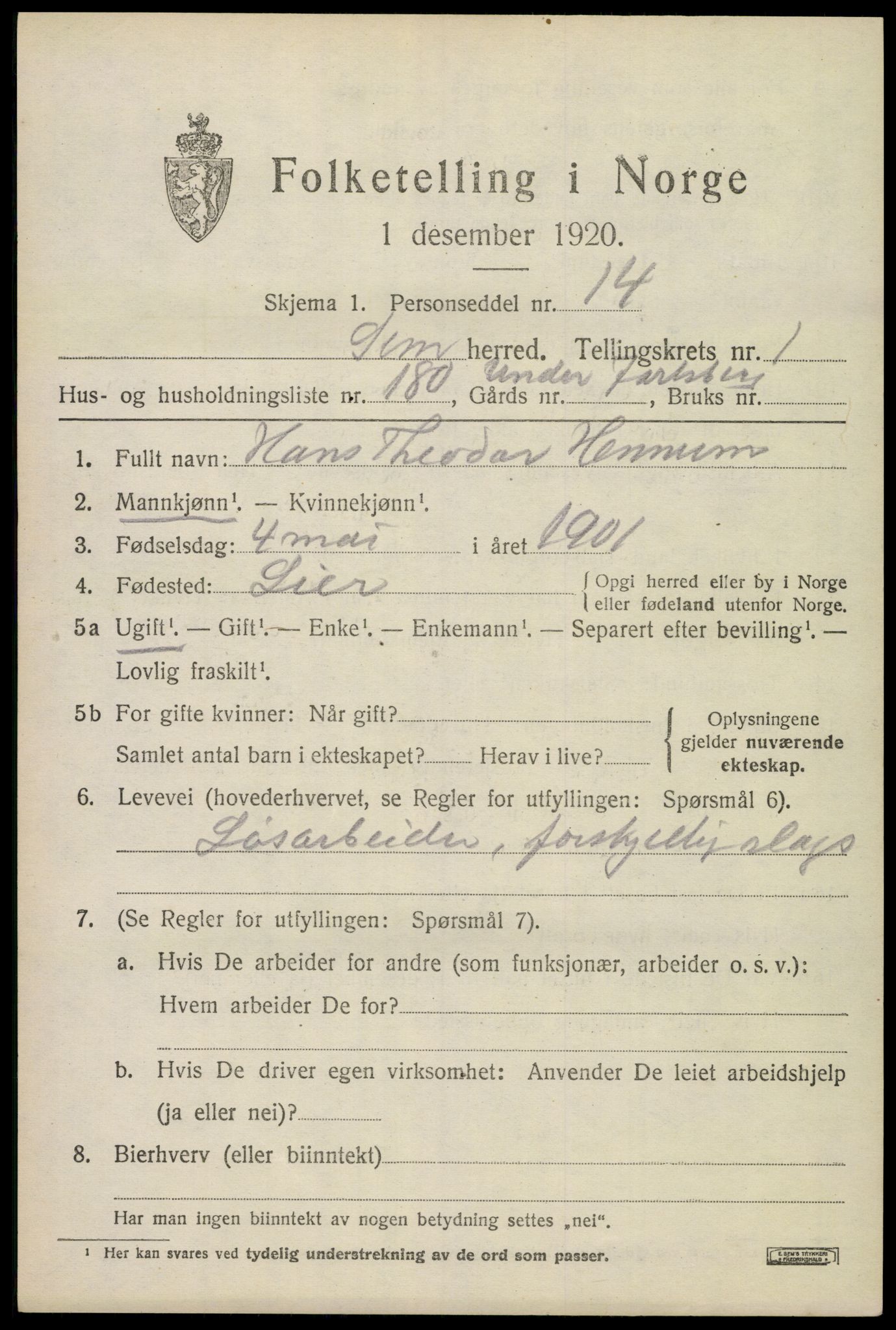 SAKO, Folketelling 1920 for 0721 Sem herred, 1920, s. 5255