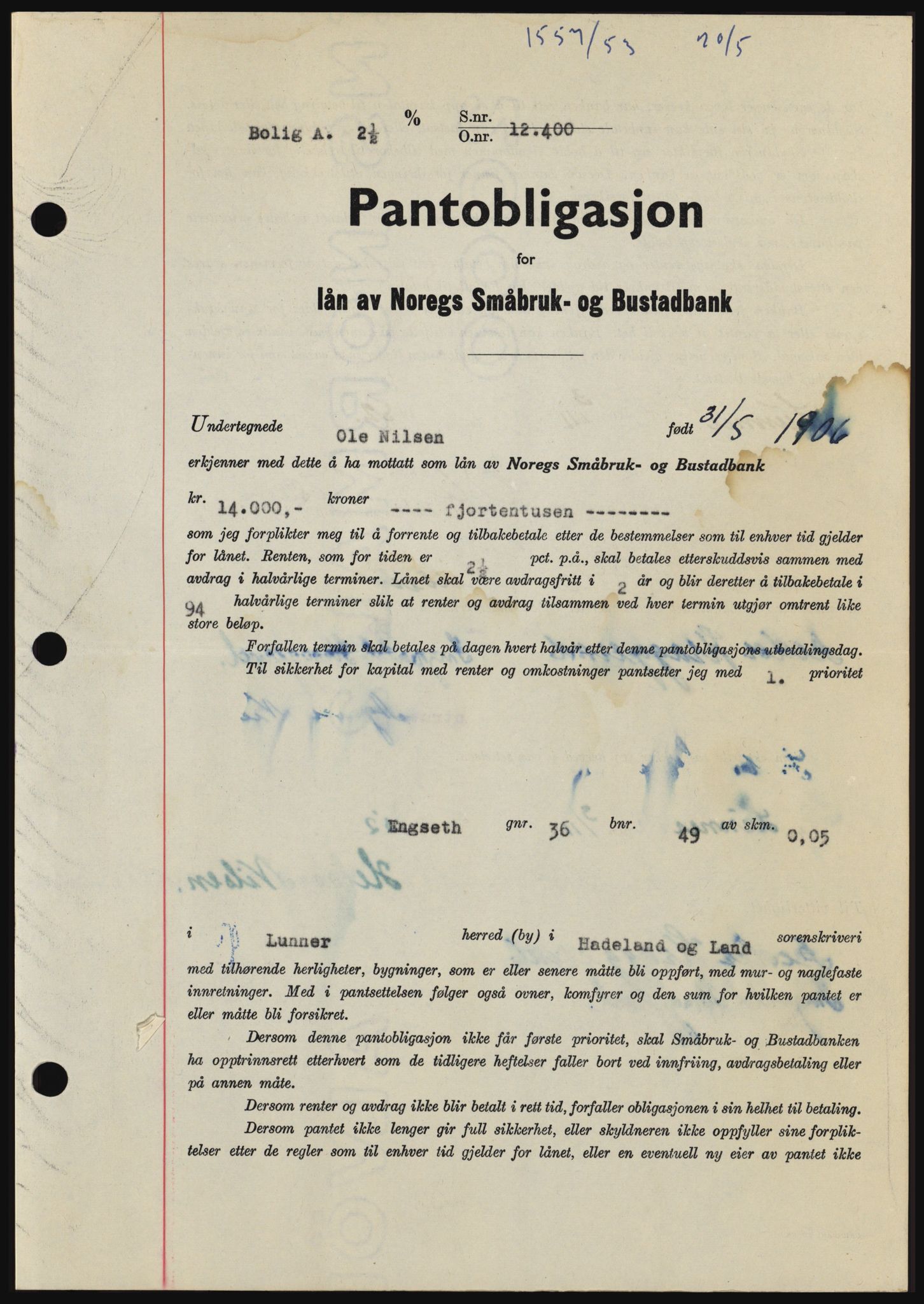 Hadeland og Land tingrett, SAH/TING-010/H/Hb/Hbc/L0027: Pantebok nr. B27, 1953-1953, Dagboknr: 1557/1953