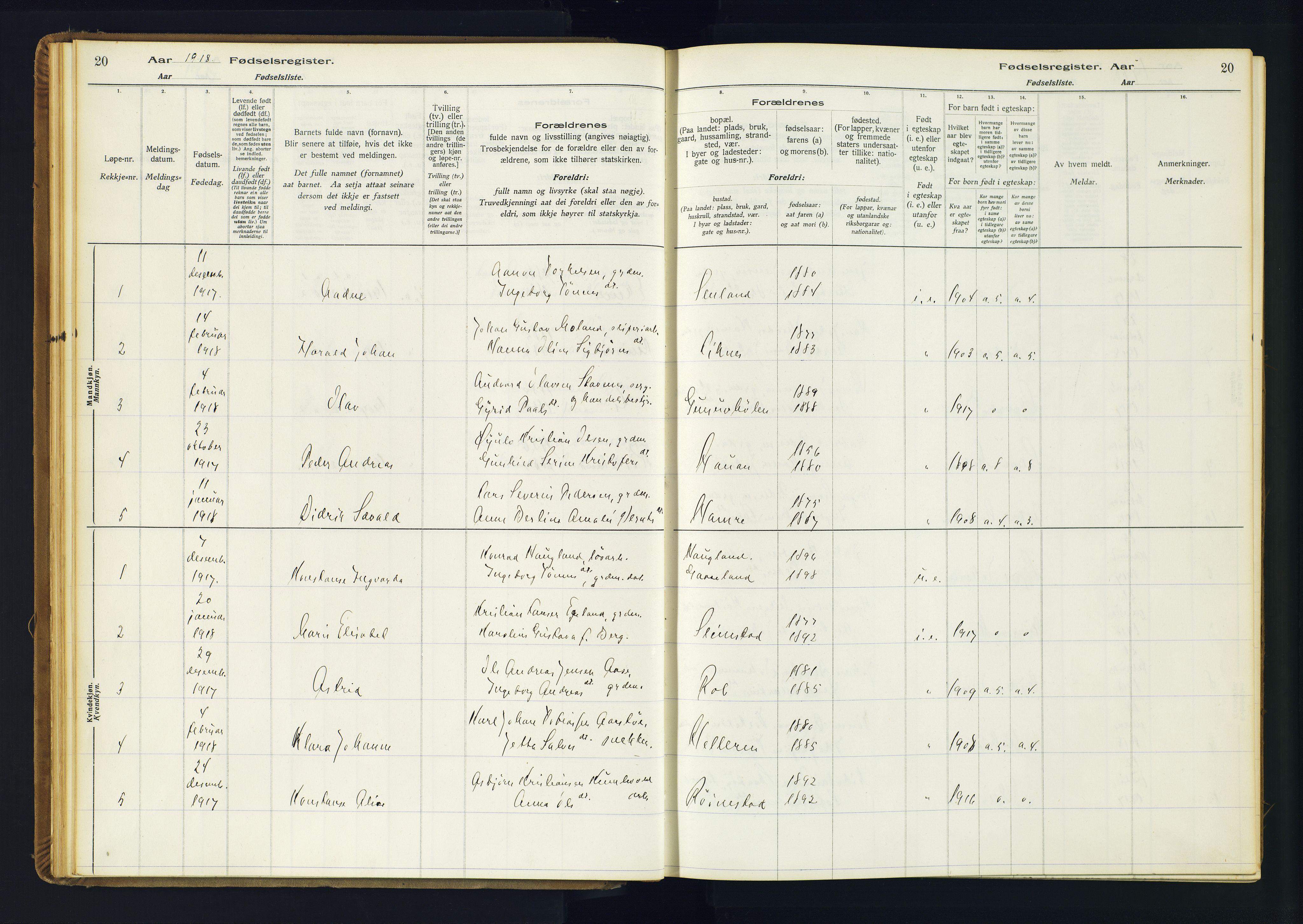 Kvinesdal sokneprestkontor, SAK/1111-0026/J/Ja/L0001: Fødselsregister nr. 1, 1916-1941, s. 20