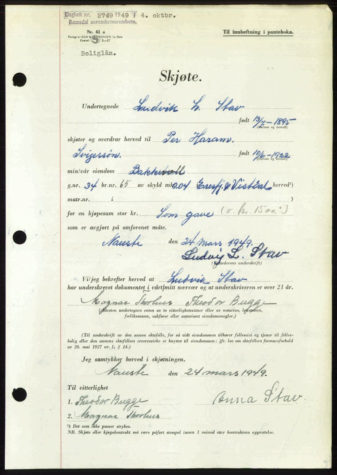 Romsdal sorenskriveri, AV/SAT-A-4149/1/2/2C: Pantebok nr. A31, 1949-1949, Dagboknr: 2749/1949