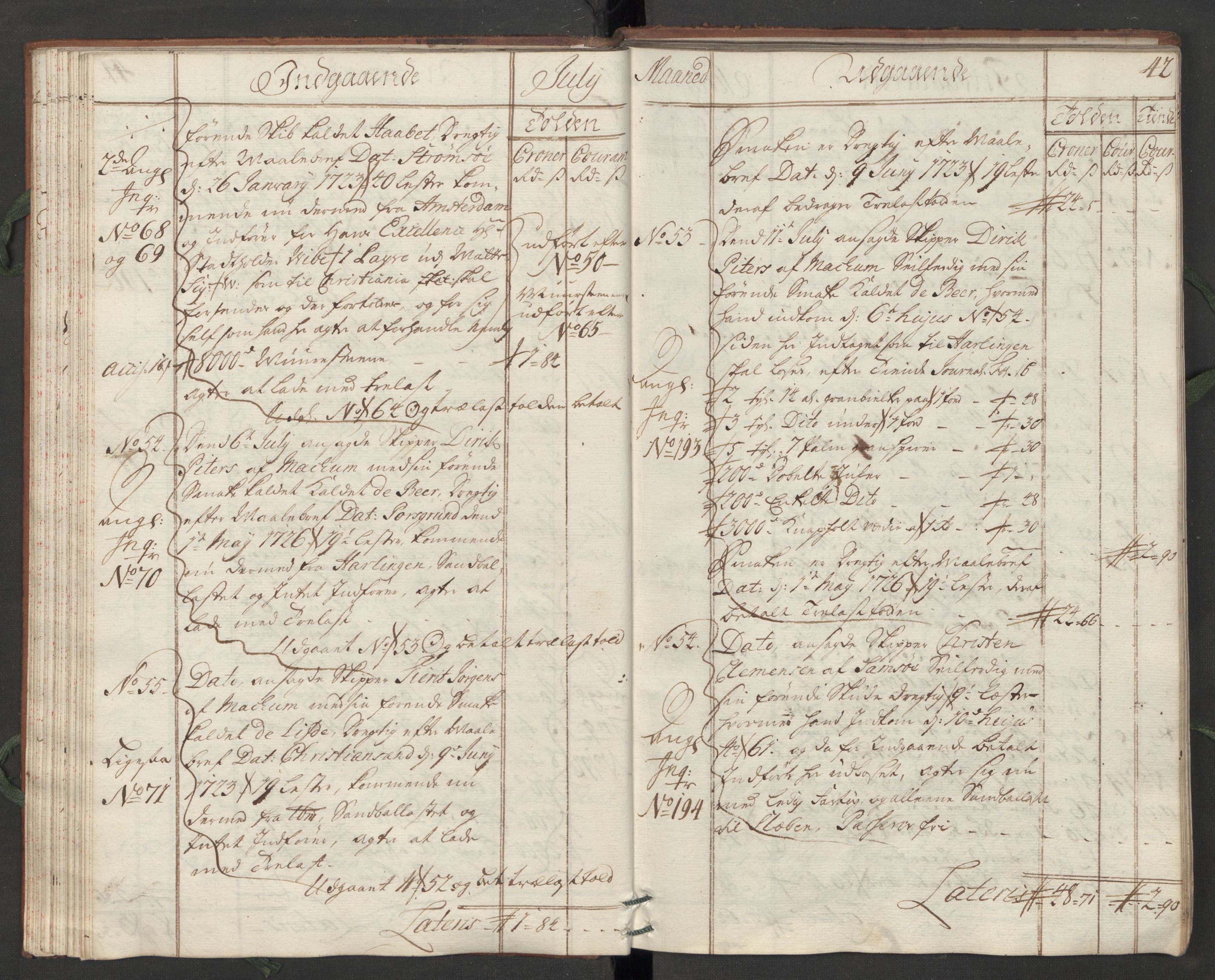 Generaltollkammeret, tollregnskaper, RA/EA-5490/R07/L0009/0001: Tollregnskaper Sand / Hovedtollbok, 1731, s. 41b-42a