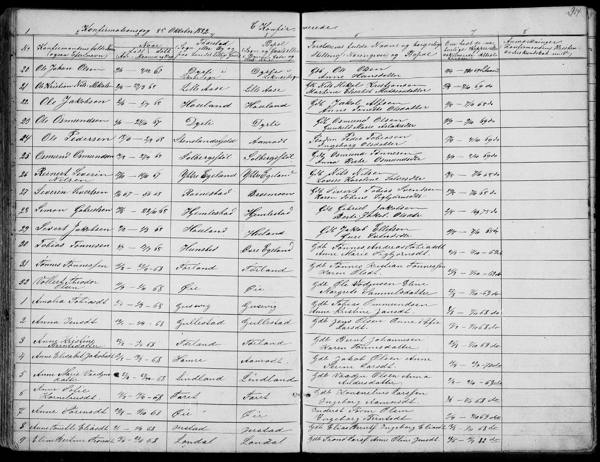 Kvinesdal sokneprestkontor, AV/SAK-1111-0026/F/Fb/Fbb/L0002: Klokkerbok nr. B 2, 1873-1897, s. 314