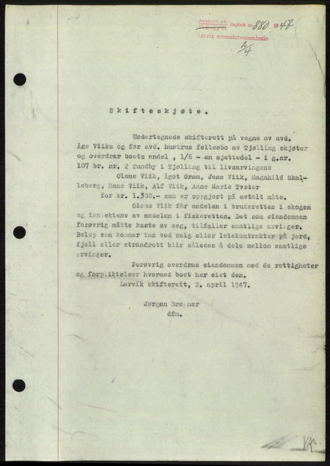 Larvik sorenskriveri, SAKO/A-83/G/Ga/Gab/L0083: Pantebok nr. A-17, 1946-1947, Dagboknr: 880/1947