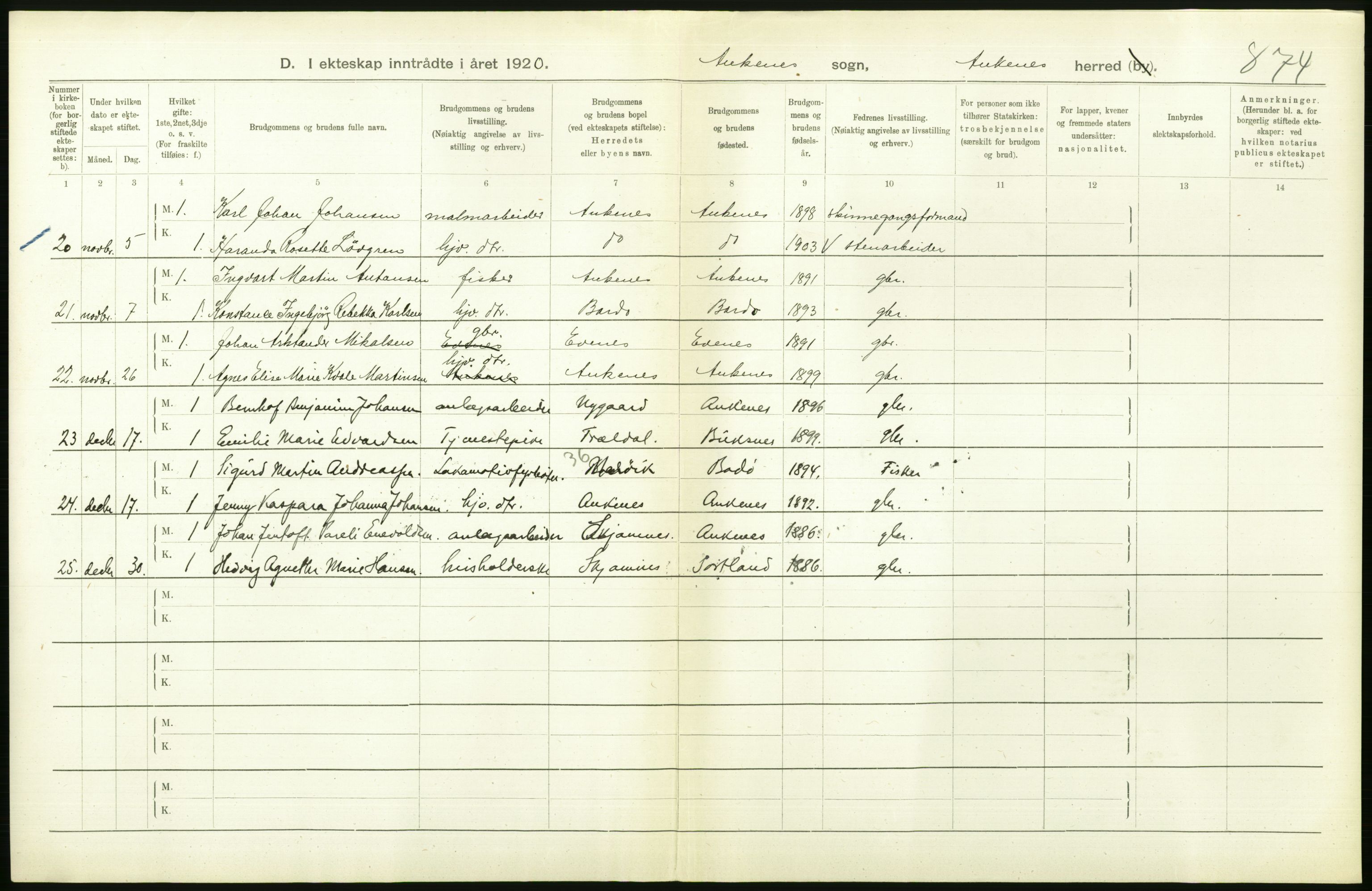 Statistisk sentralbyrå, Sosiodemografiske emner, Befolkning, RA/S-2228/D/Df/Dfb/Dfbj/L0057: Nordland fylke: Gifte, dødfødte. Bygder og byer., 1920, s. 192