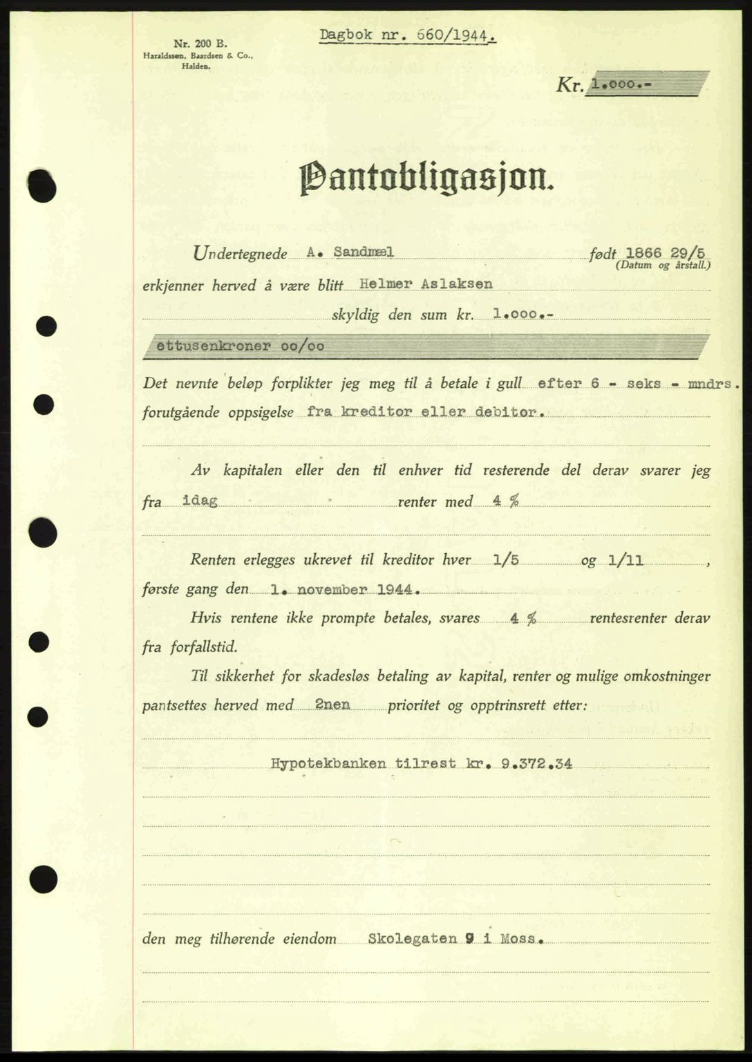 Moss sorenskriveri, SAO/A-10168: Pantebok nr. B13, 1943-1945, Dagboknr: 660/1944