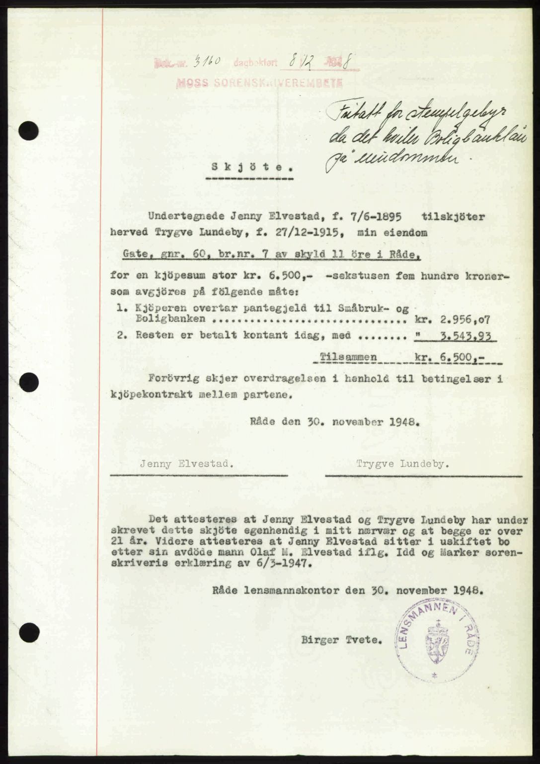 Moss sorenskriveri, SAO/A-10168: Pantebok nr. A20, 1948-1948, Dagboknr: 3160/1948