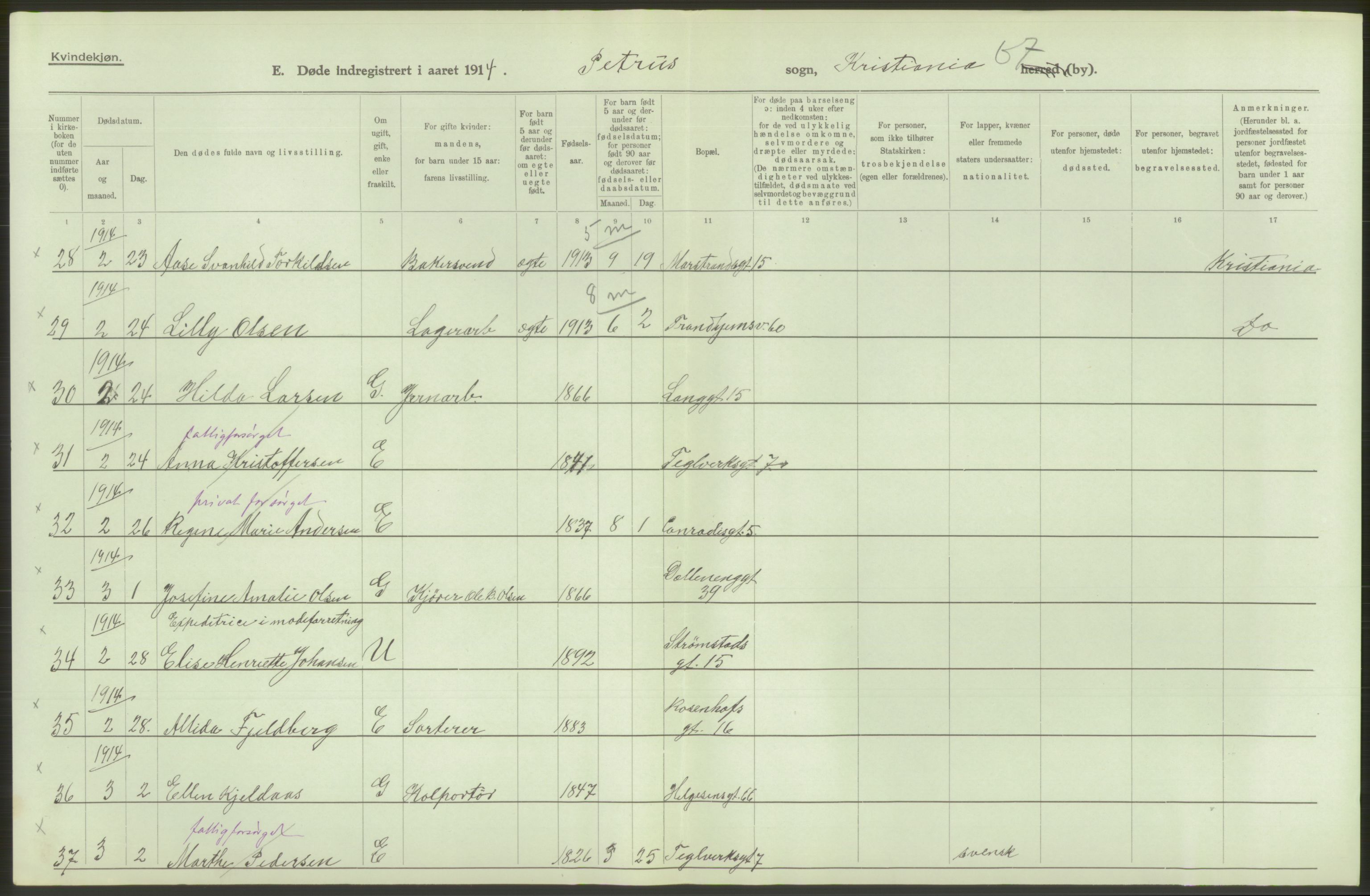 Statistisk sentralbyrå, Sosiodemografiske emner, Befolkning, AV/RA-S-2228/D/Df/Dfb/Dfbd/L0008: Kristiania: Døde, 1914, s. 390